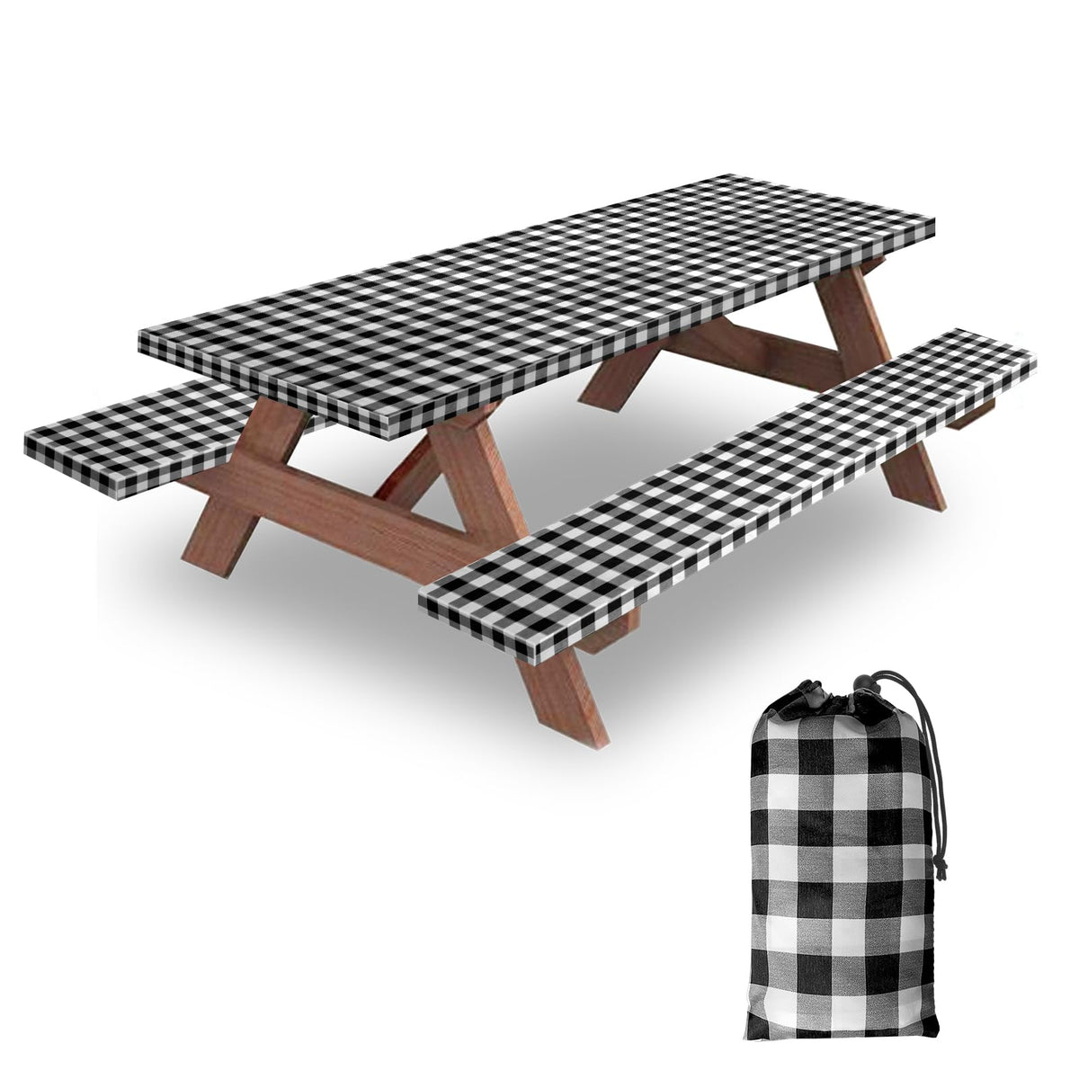 KENOBEE front view of 8ft picnic table cover showing full checkered fit and protection