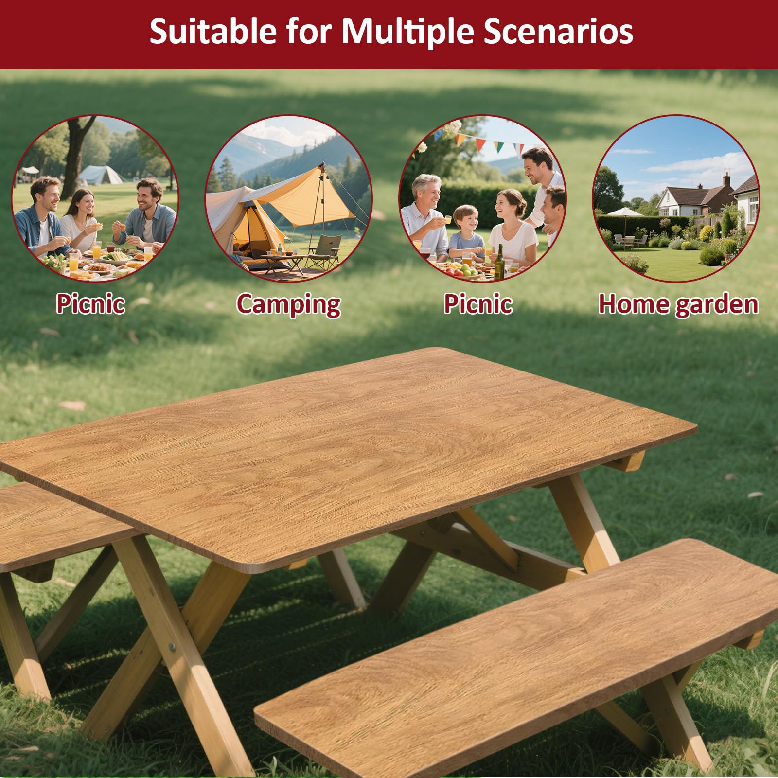 KENOBEE lifestyle backyard family picnic with covered table for tidy, spill-resistant meals