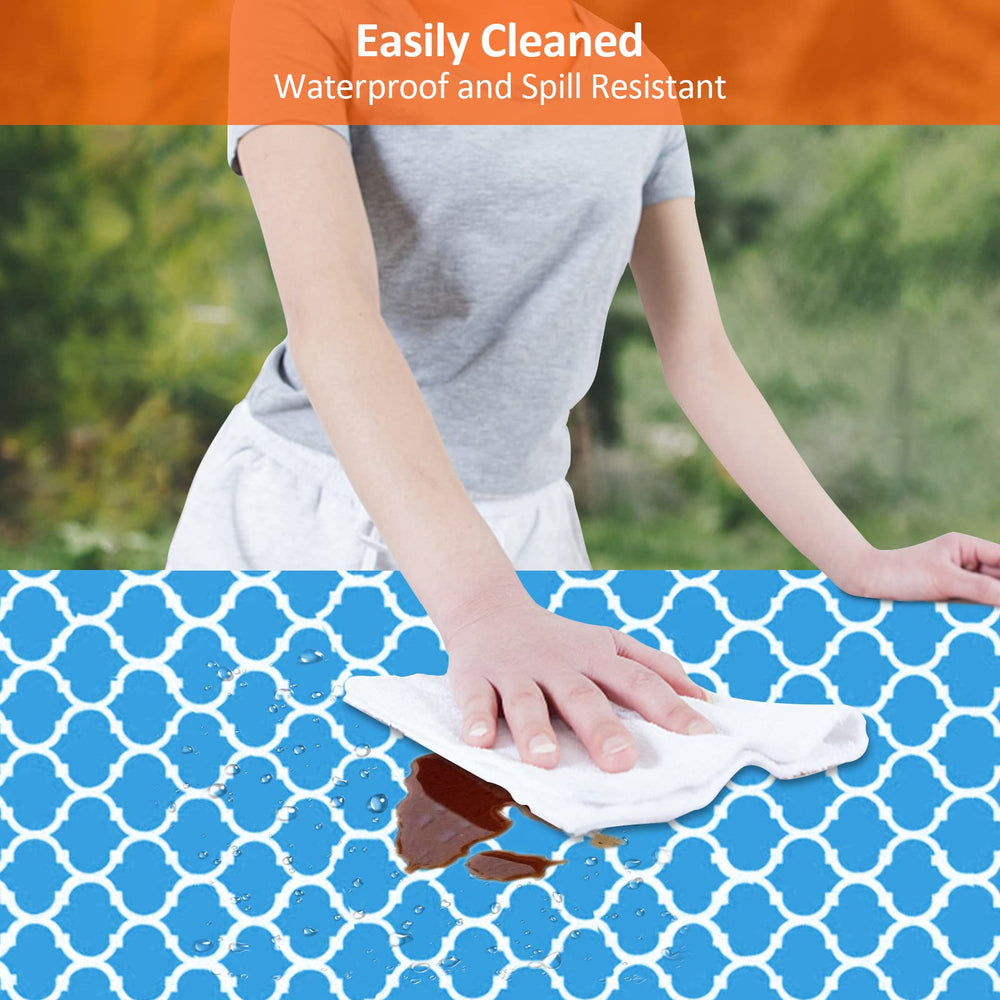 KENOBEE blue-white Moroccan pattern detail showing washable vinyl surface and vivid print