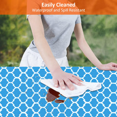 KENOBEE blue-white Moroccan pattern detail showing washable vinyl surface and vivid print