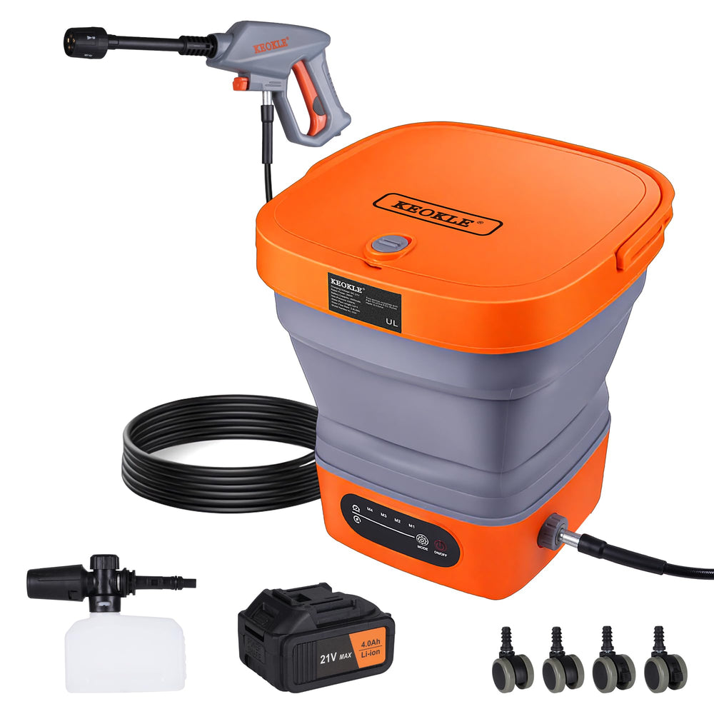 KEOKLE front view showing compact washer and 16FT hose for portable cleaning