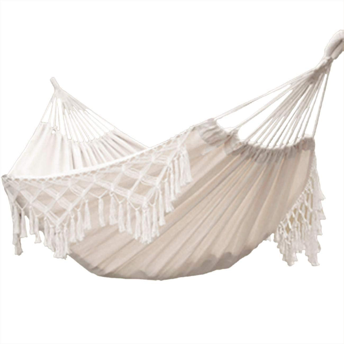 KEREITH front view of double hammock showing full bed and tassels for comfortable lounging