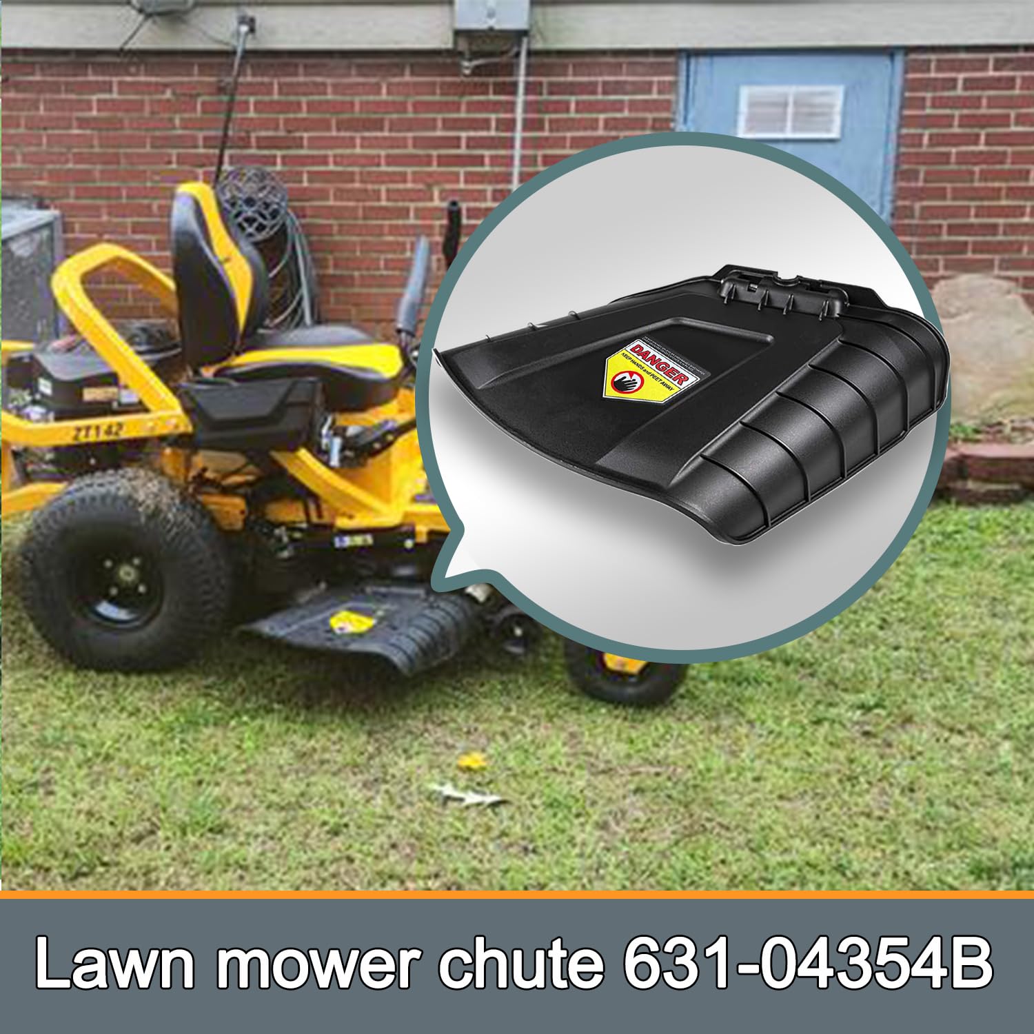 Kerlista chute installed on mower directing clippings away for cleaner mowing