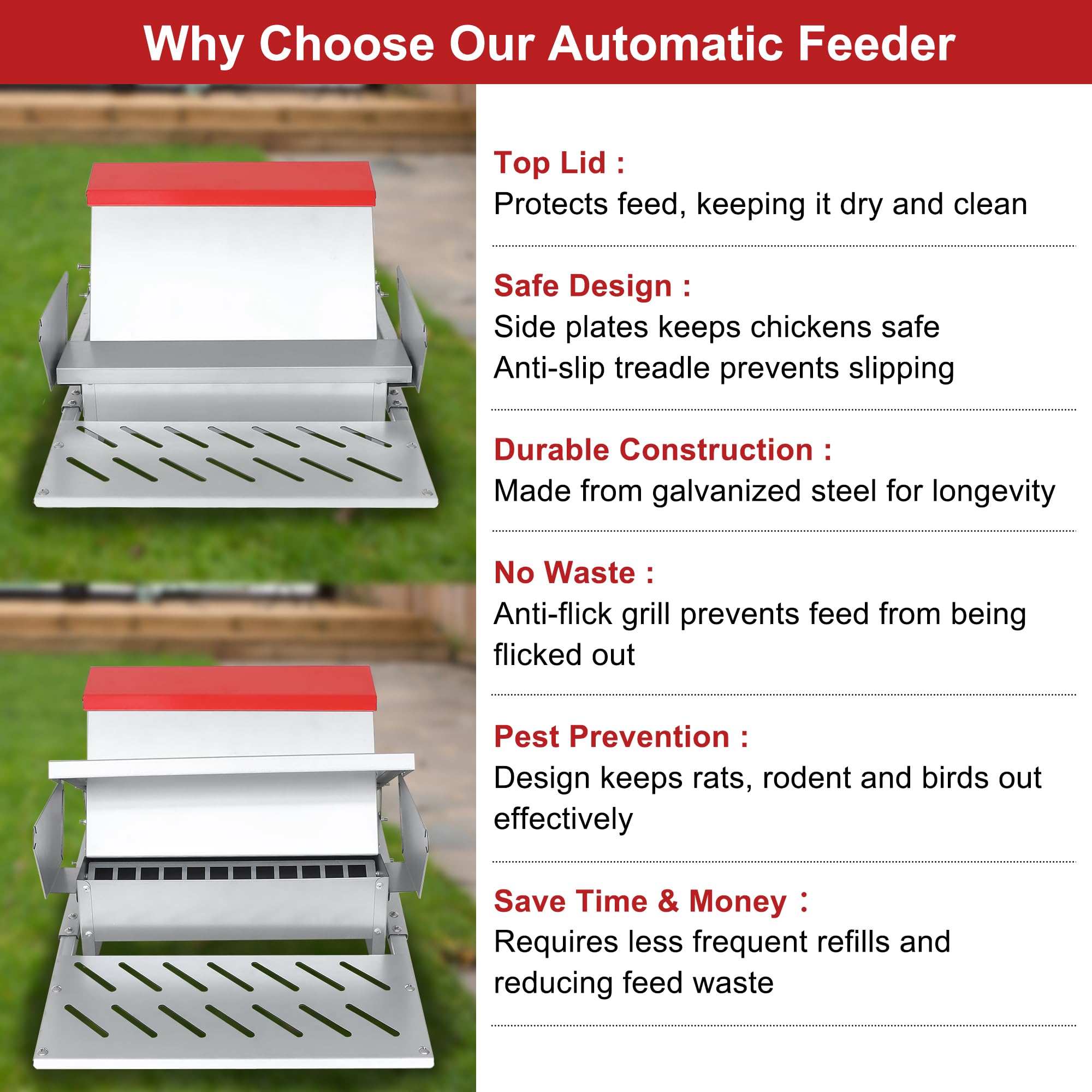 Kerty feeder next to 25 lb feed bag showing scale and large capacity advantage