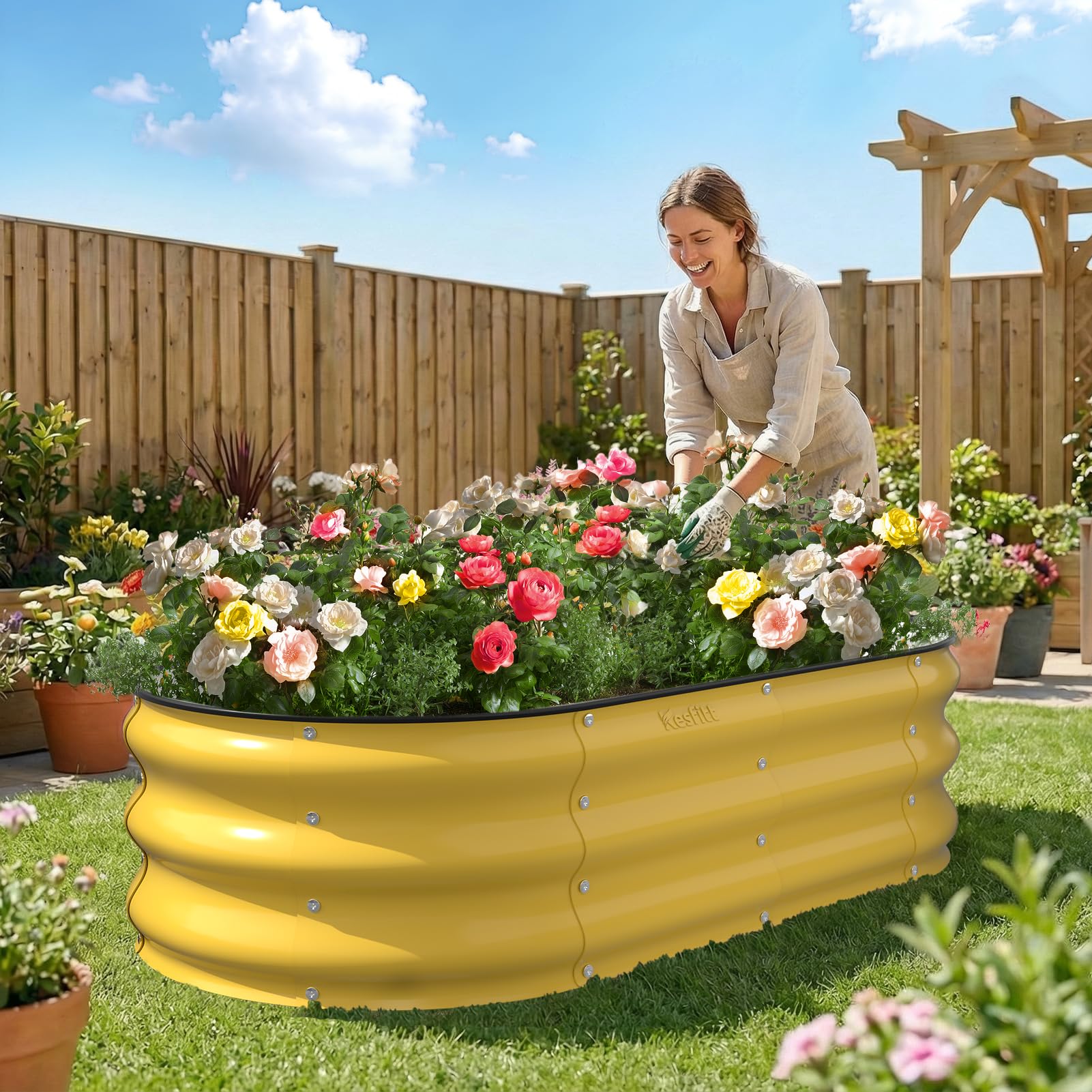 Kesfitt lifestyle scene in yard showing attractive creamy yellow finish enhancing outdoor decor benefit