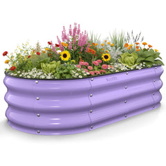 Kesfitt front view of oval raised bed showing compact footprint and decorative lavender finish