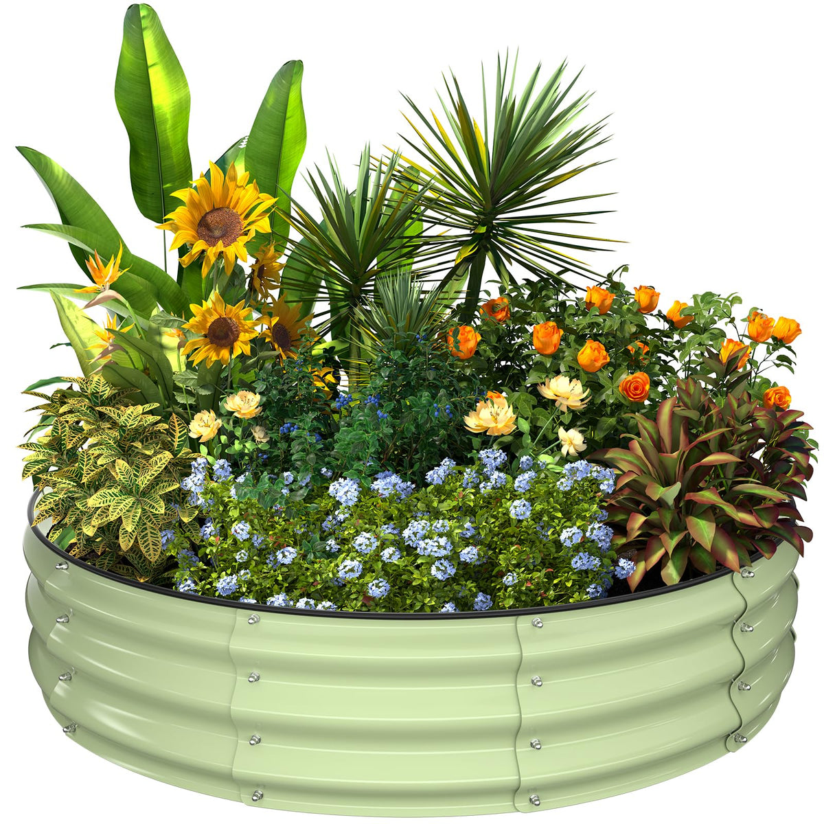 Kesfitt assembled round bed showing front view and tidy green finish for durable gardening
