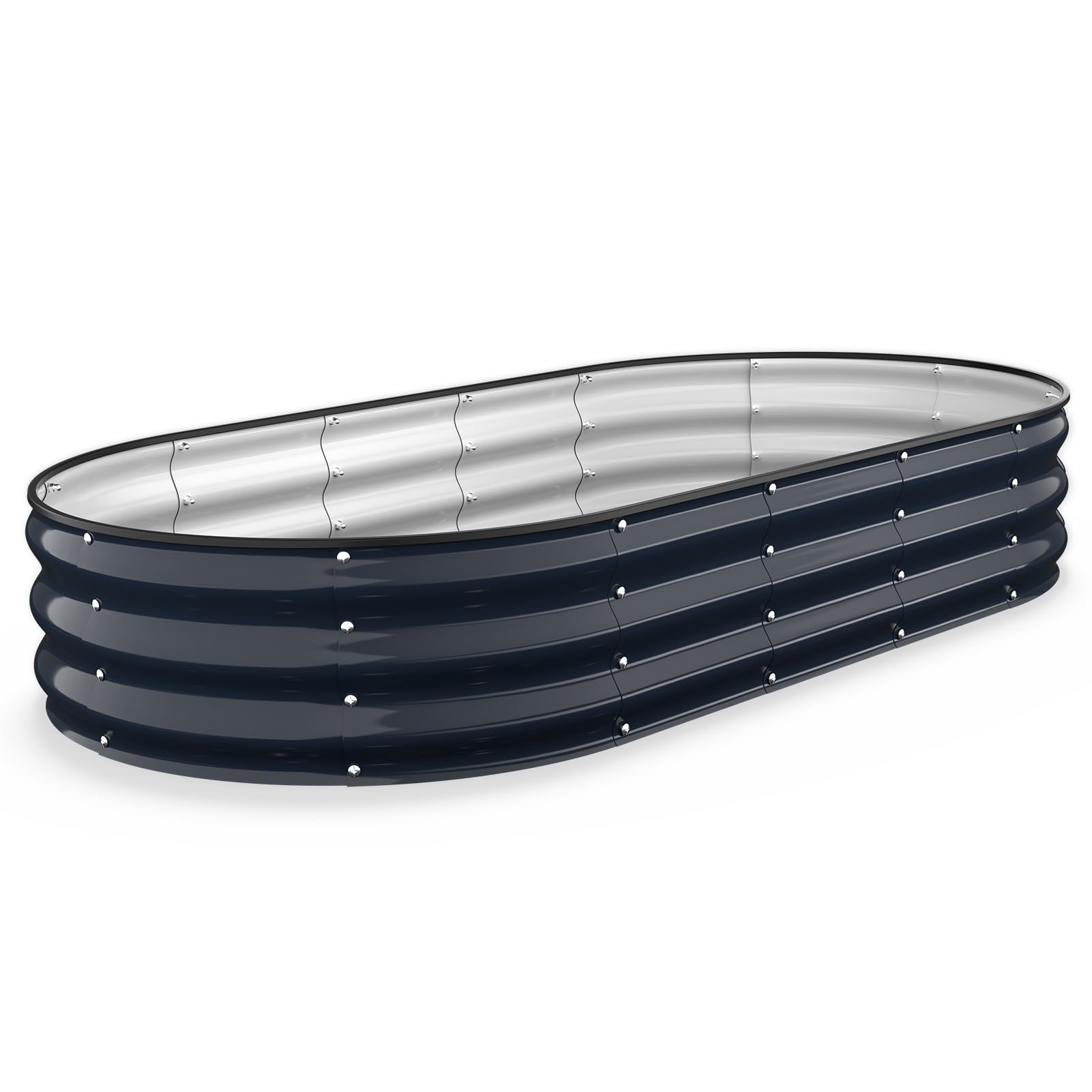 Kesfitt front view of oval raised garden bed showing finish and size benefit