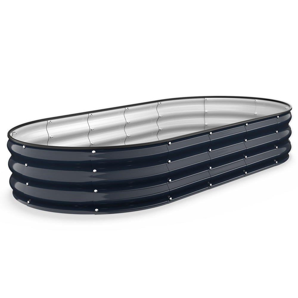 Kesfitt front view of oval raised garden bed showing finish and size benefit