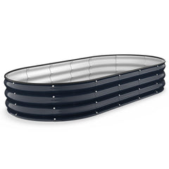 Kesfitt front view of oval raised garden bed showing finish and size benefit