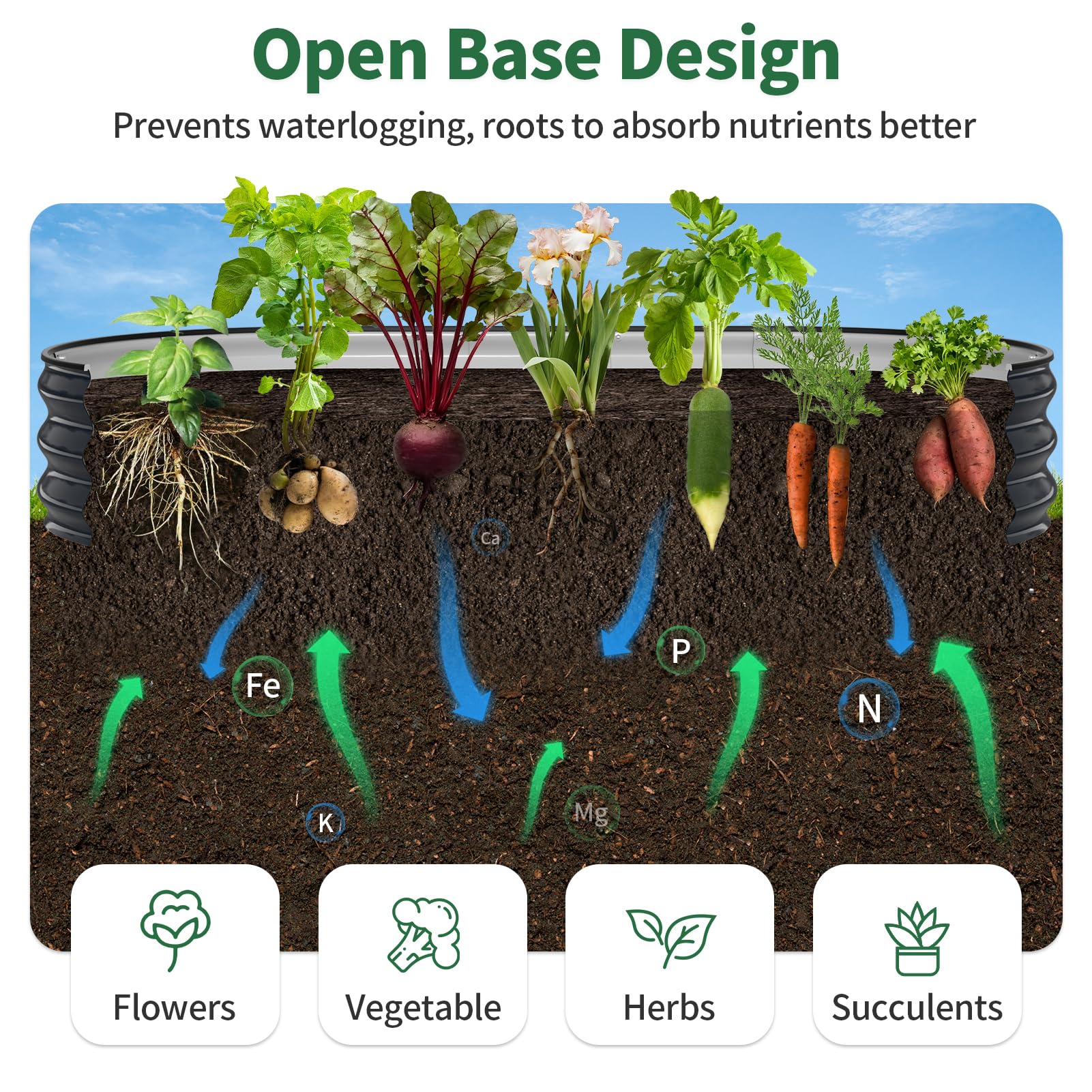 Kesfitt open-bottom showing roots growing into soil and drainage benefit
