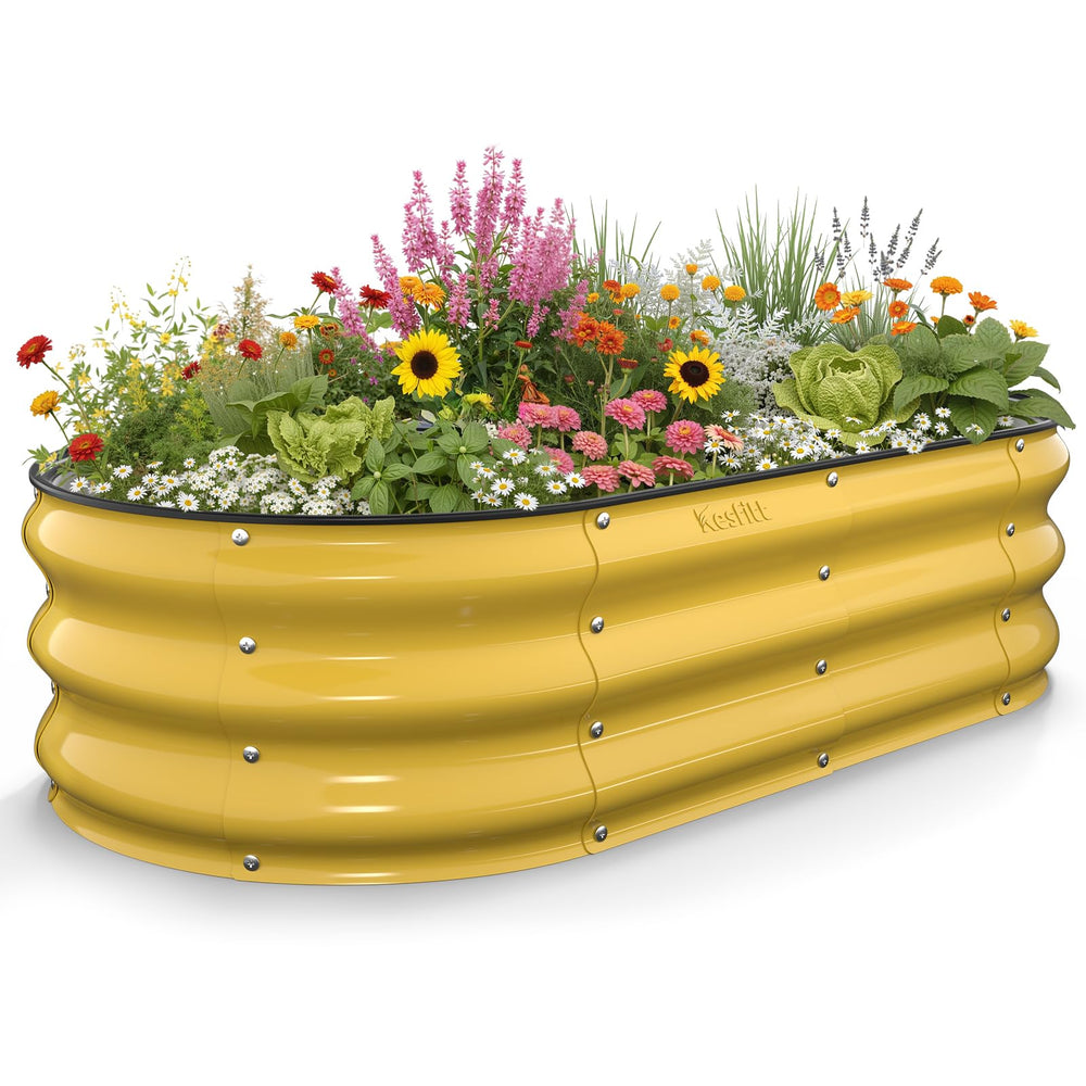 Kesfitt front view of oval raised bed showing creamy yellow finish and tidy planting area benefit