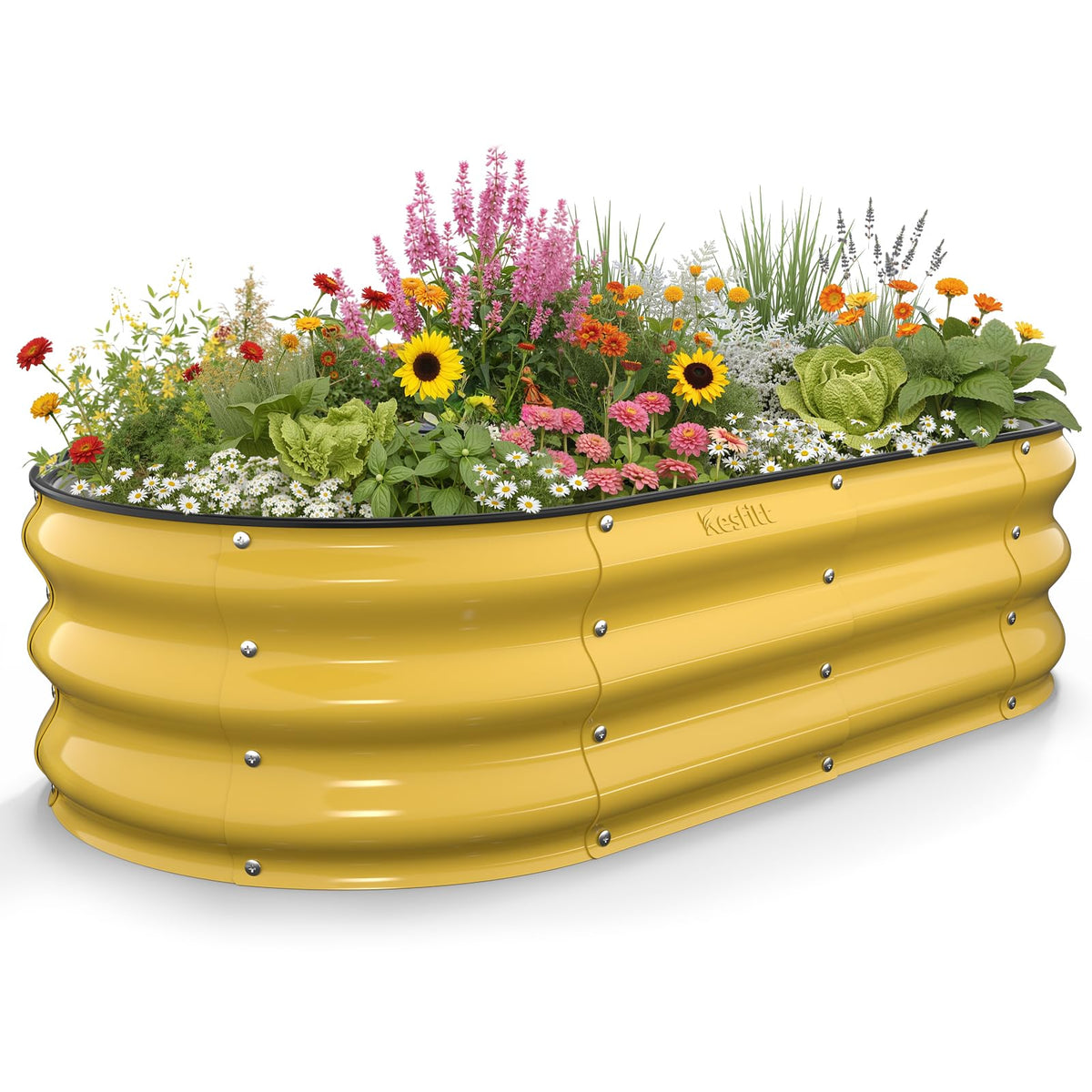Kesfitt front view of oval raised bed showing creamy yellow finish and tidy planting area benefit
