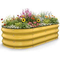 Kesfitt front view of oval raised bed showing creamy yellow finish and tidy planting area benefit