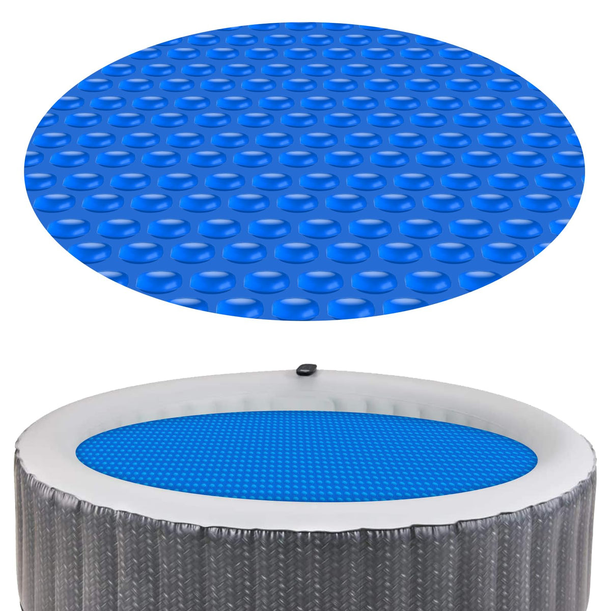 Kestnsee front view of 7 ft solar bubble cover showing full round sheet and benefit of insulation