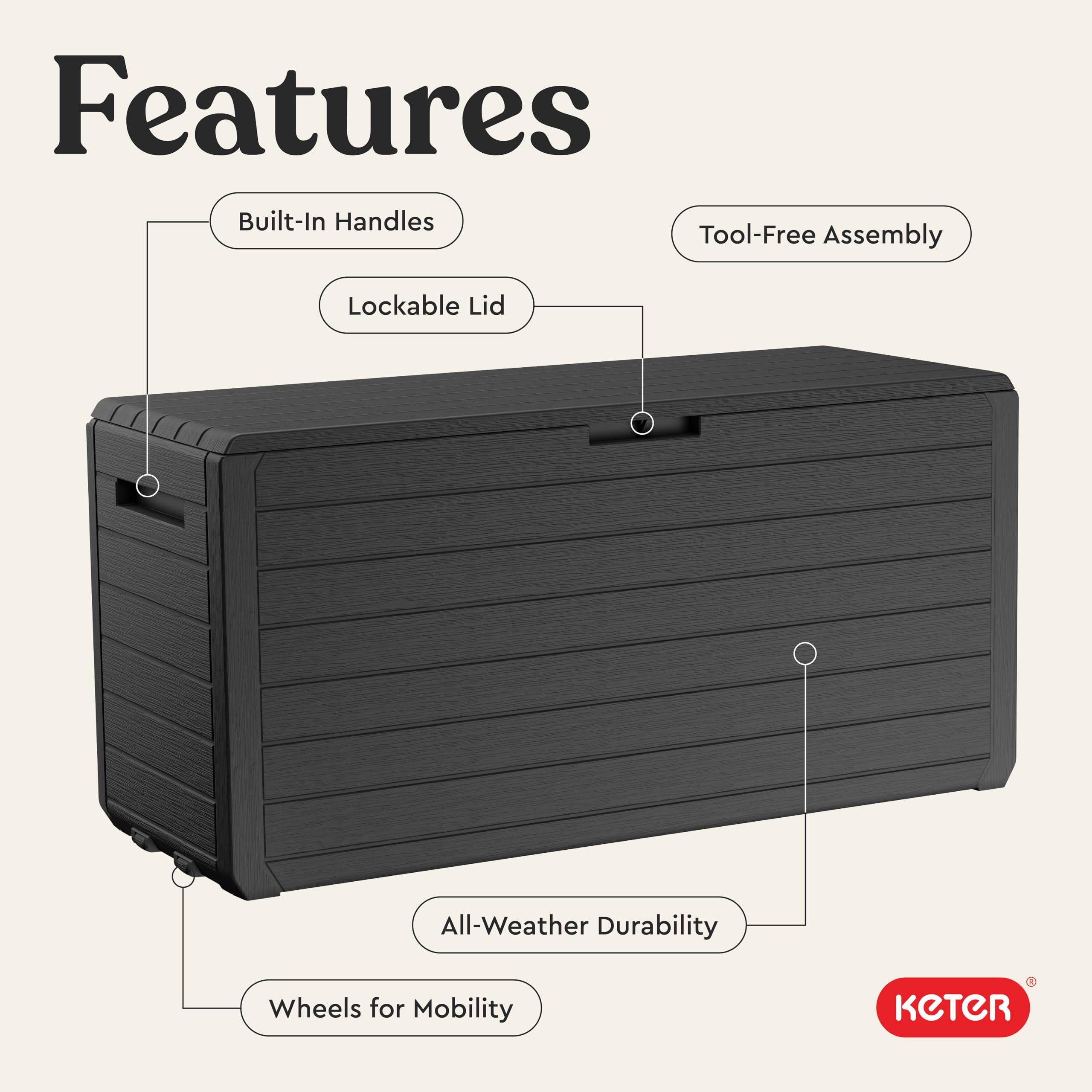Keter Atlas built-in wheels and side handles for easy relocation