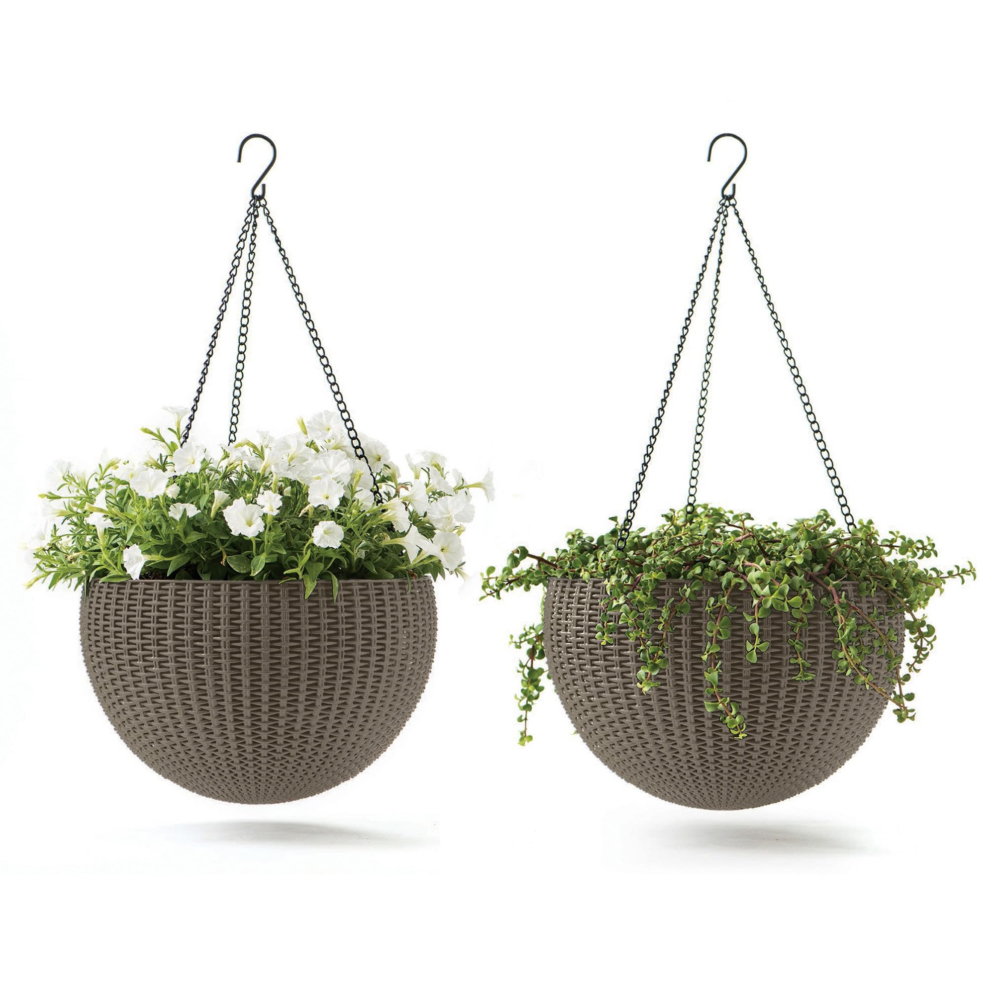 Keter front view of two cappuccino hanging planters showing decorative look and durability