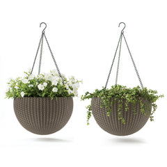Keter front view of two cappuccino hanging planters showing decorative look and durability