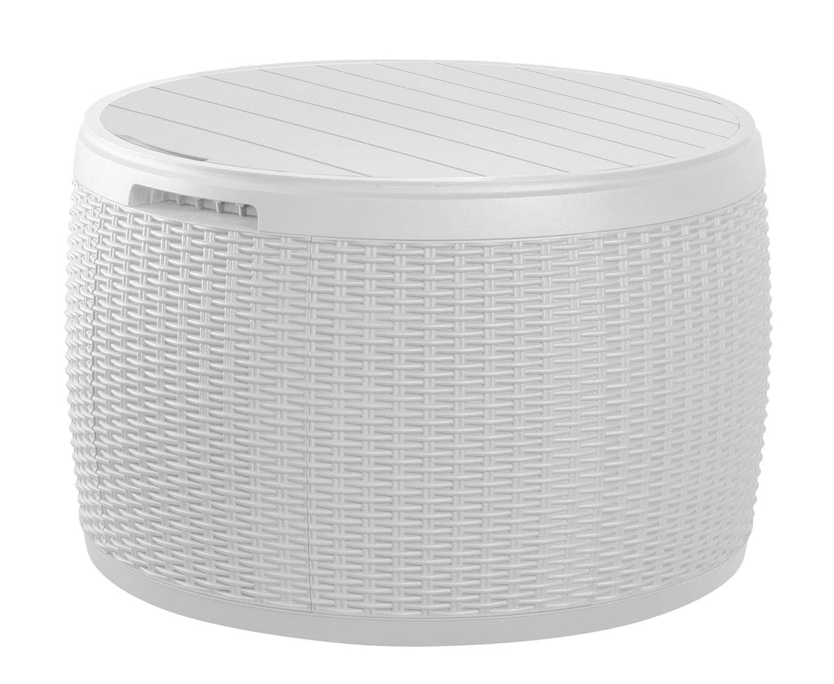Keter front view of white rattan deck box showing compact storage and modern look