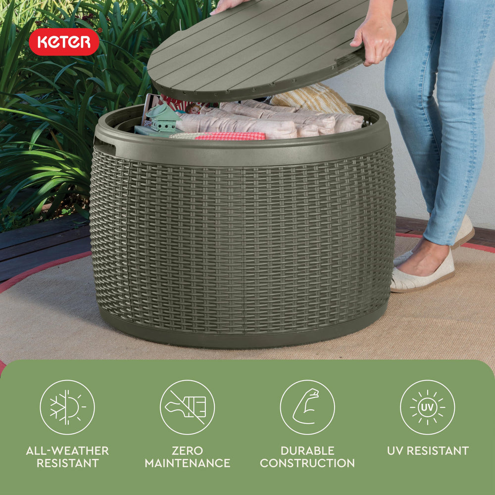 Keter Circa on patio surrounded by plants adding decorative storage solution