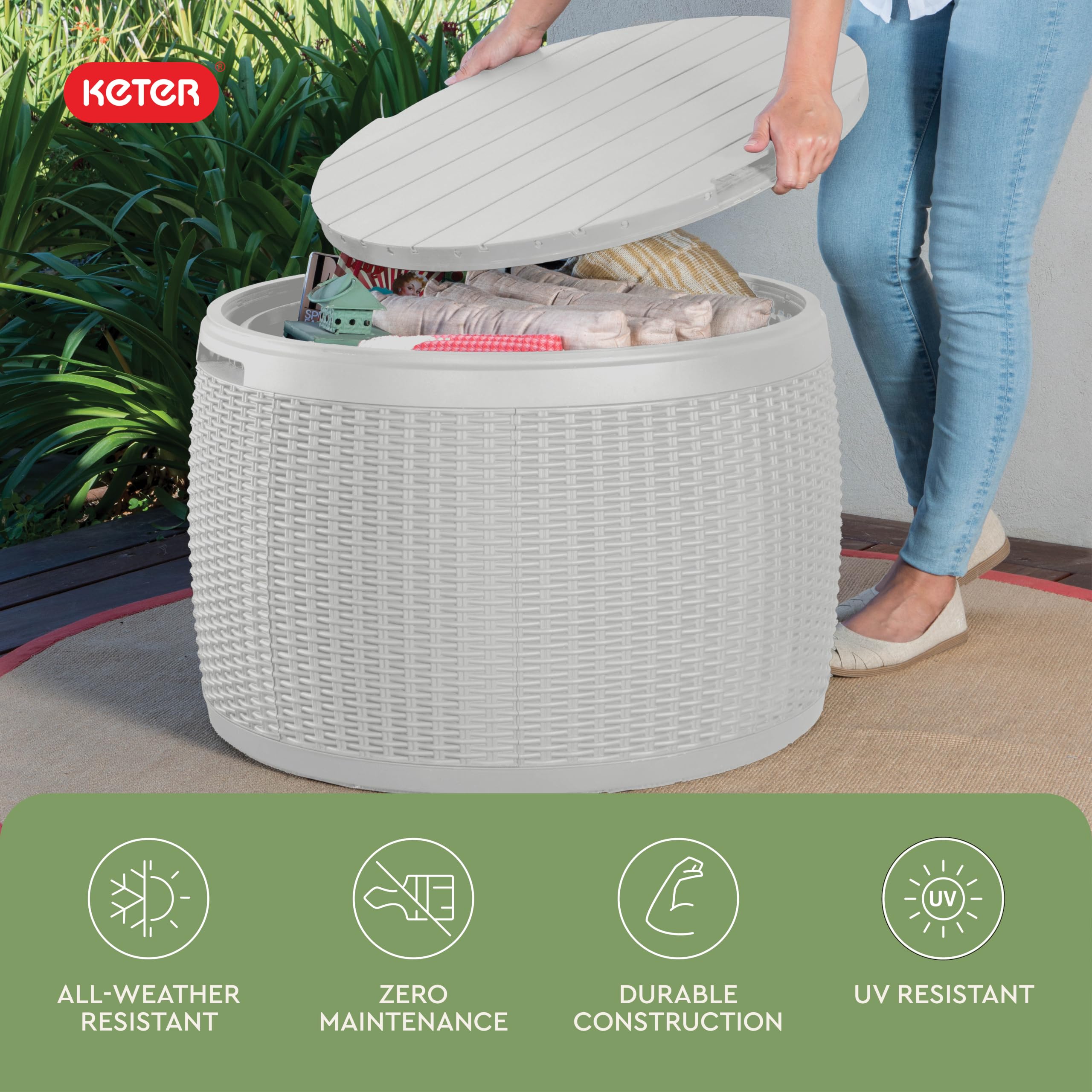 Keter poolside with towels showing weatherproof storage and quick access