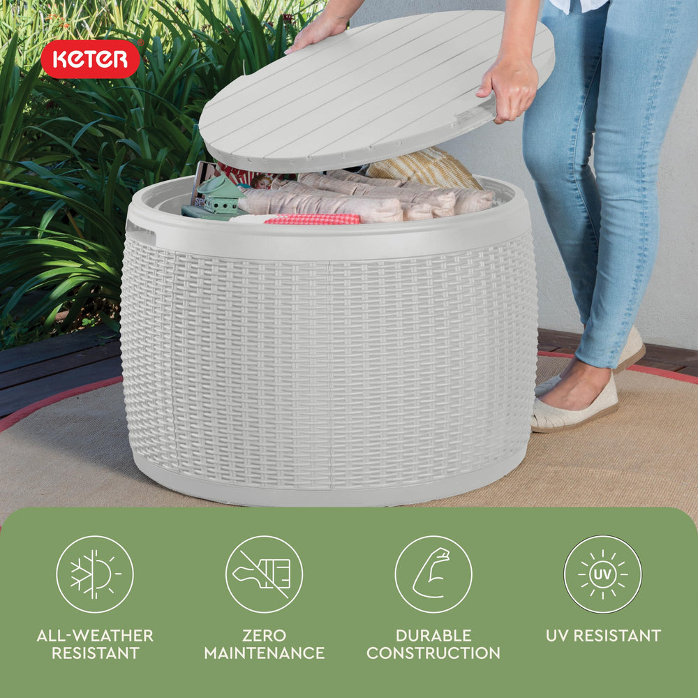Keter poolside with towels showing weatherproof storage and quick access