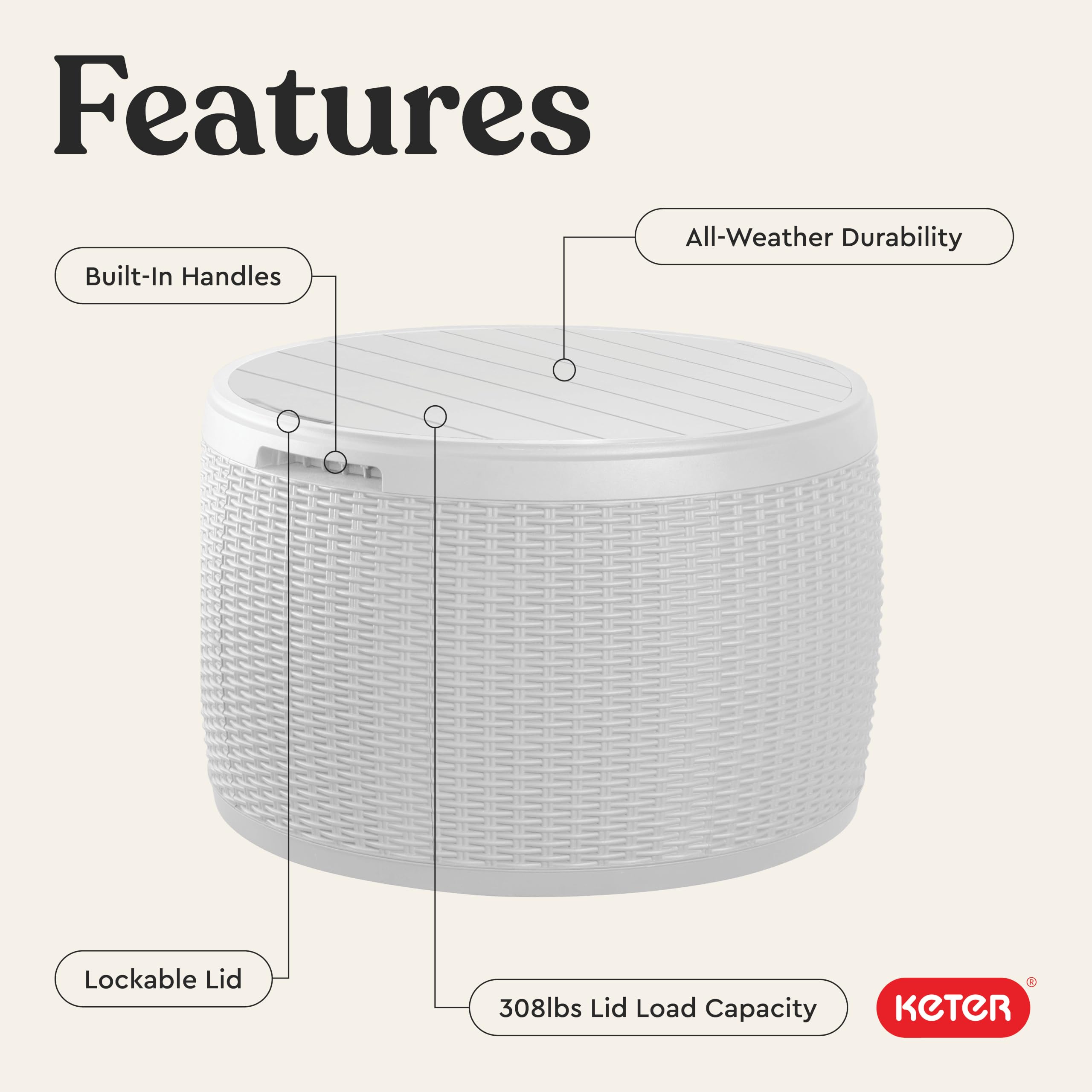 Keter deck box used as a seat with person sitting offering extra patio seating