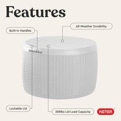 Keter deck box used as a seat with person sitting offering extra patio seating