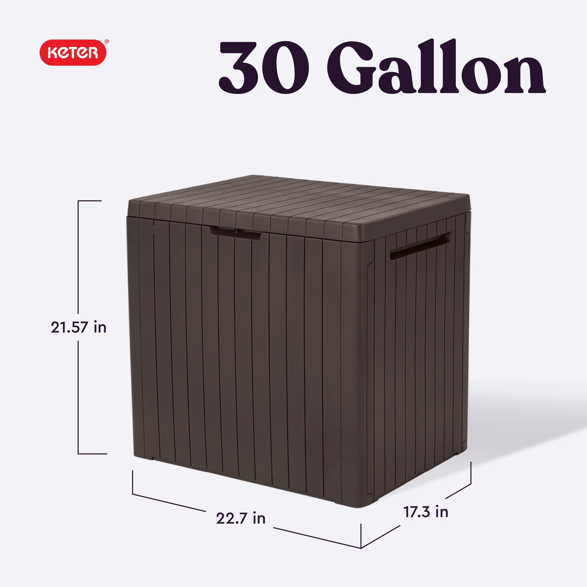 Keter City box open interior revealing 30 gallon capacity and organization