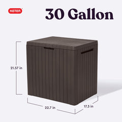 Keter City box open interior revealing 30 gallon capacity and organization