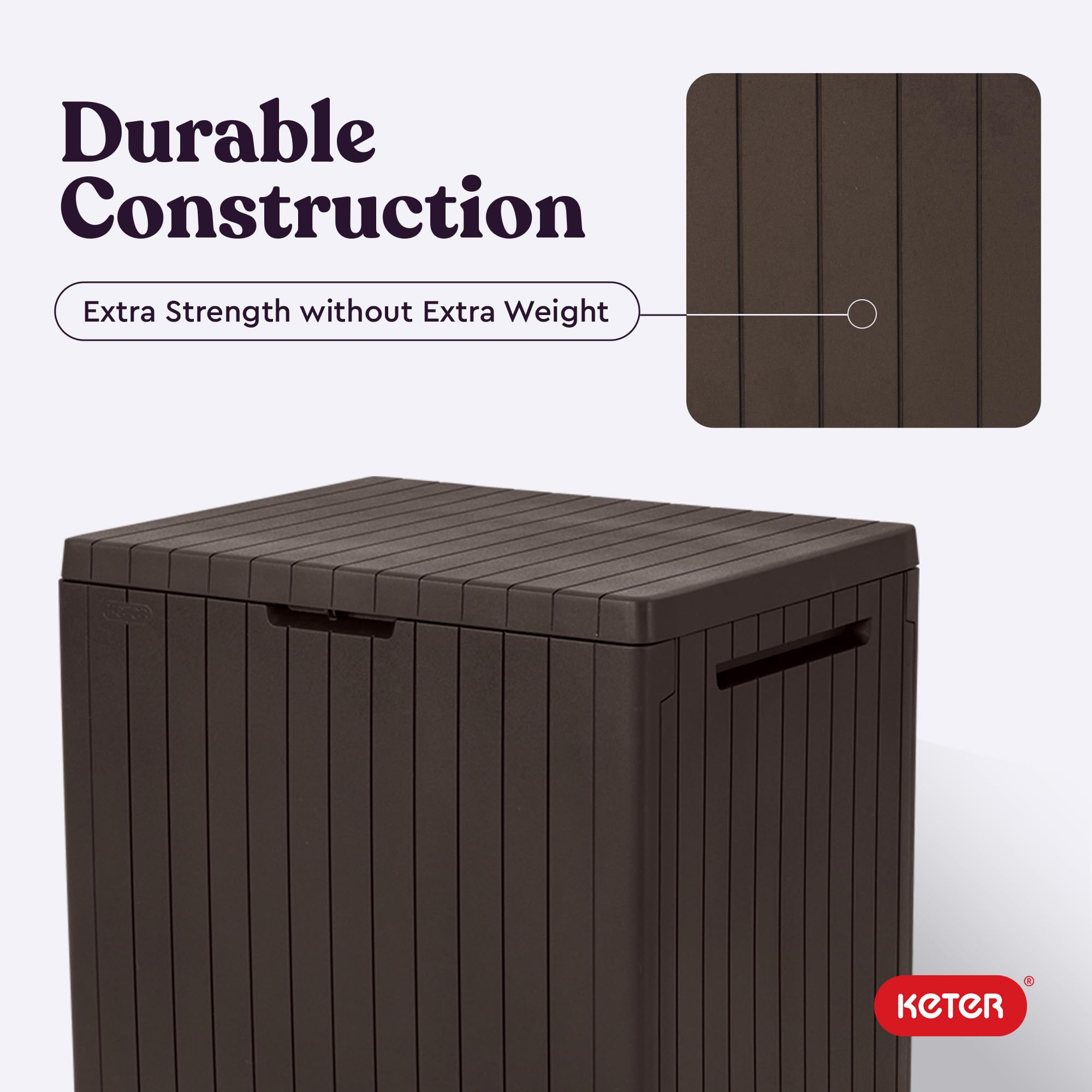 Keter City on patio beside chair illustrating stylish, durable storage