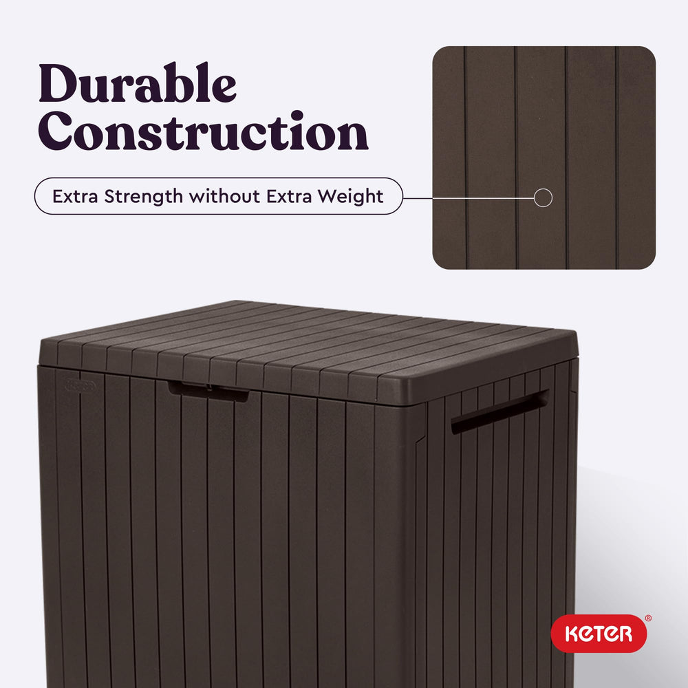 Keter City on patio beside chair illustrating stylish, durable storage