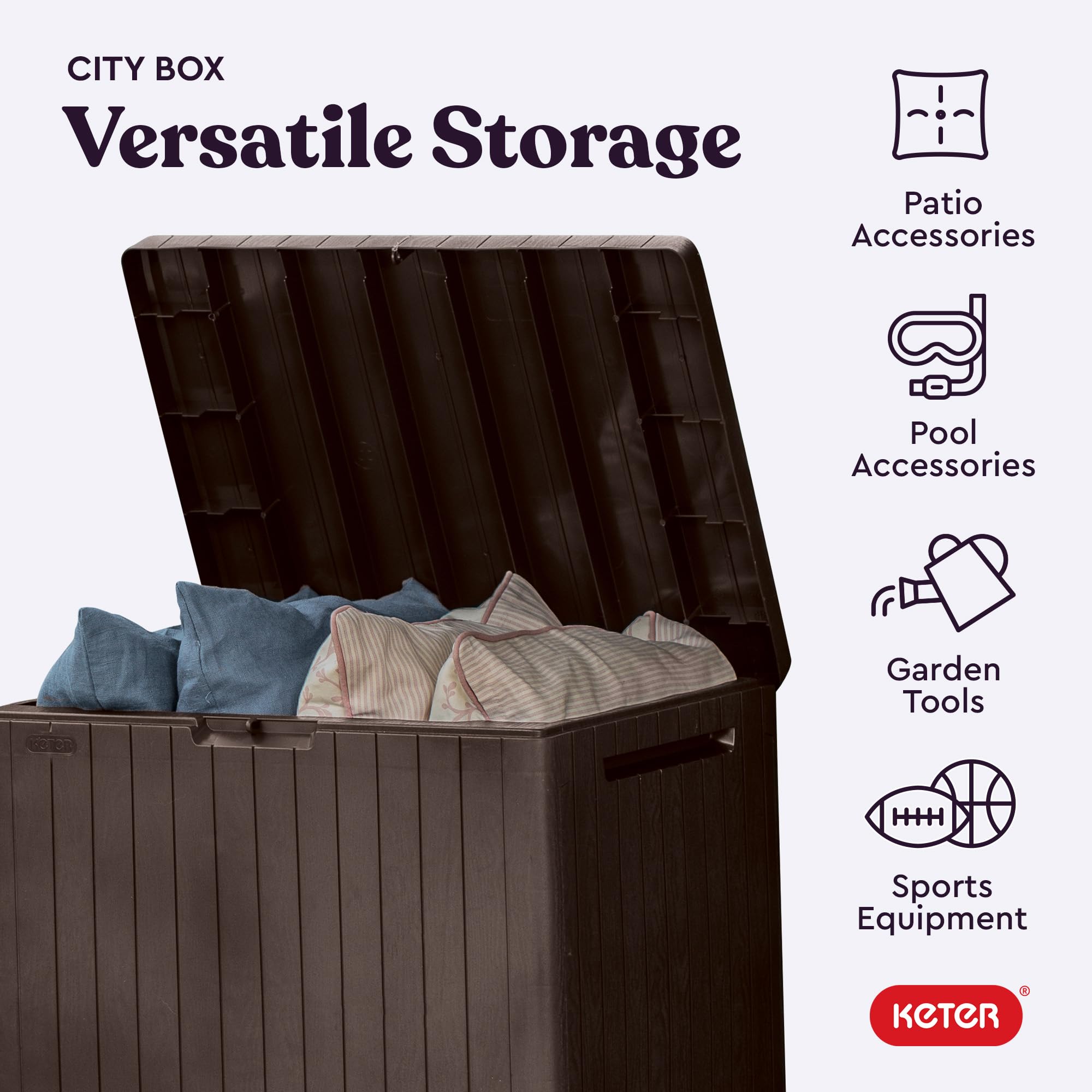 Keter City used as side table and seat offering functional outdoor surface