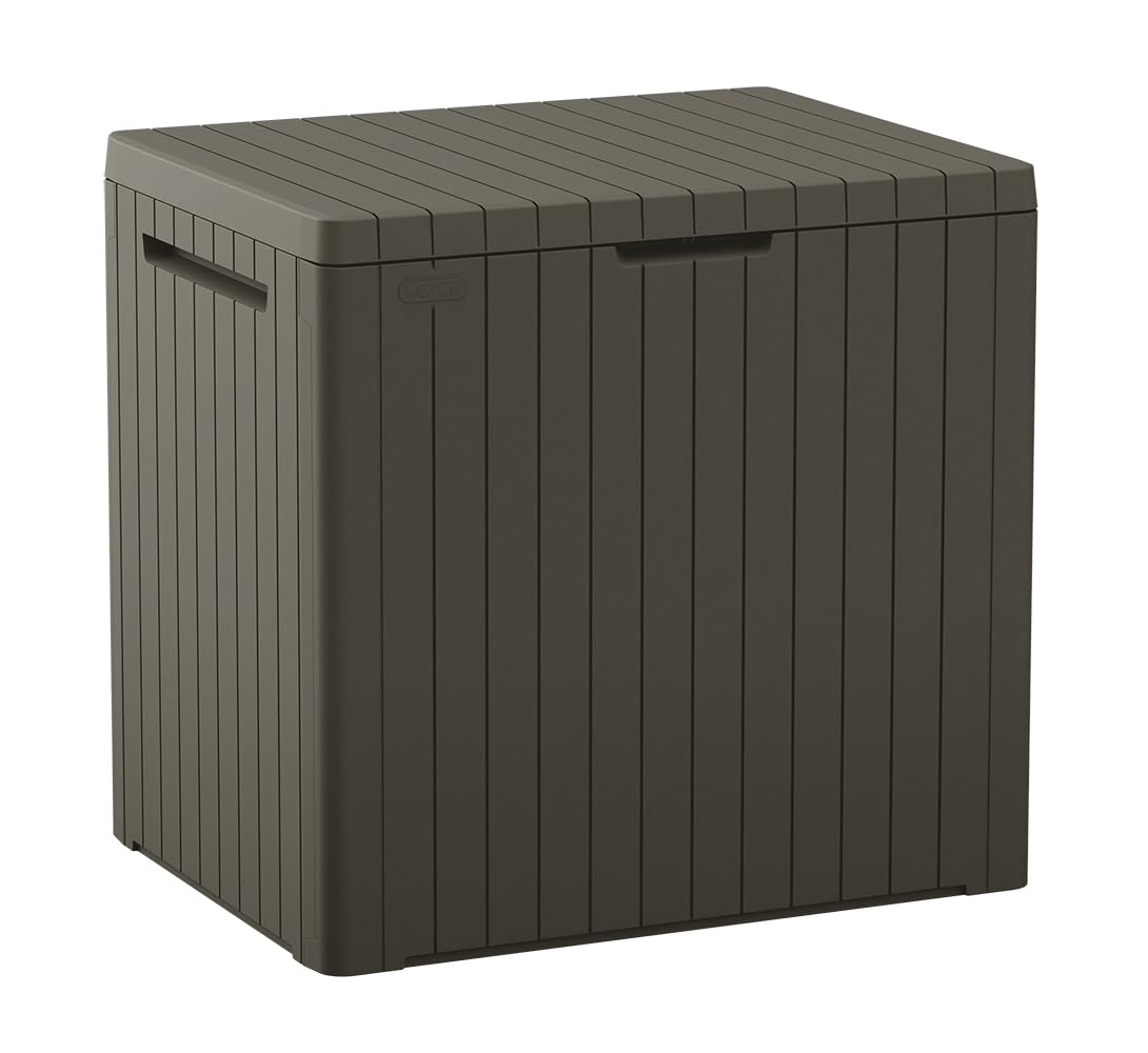 Keter front view of compact outdoor storage box shows tidy patio benefit