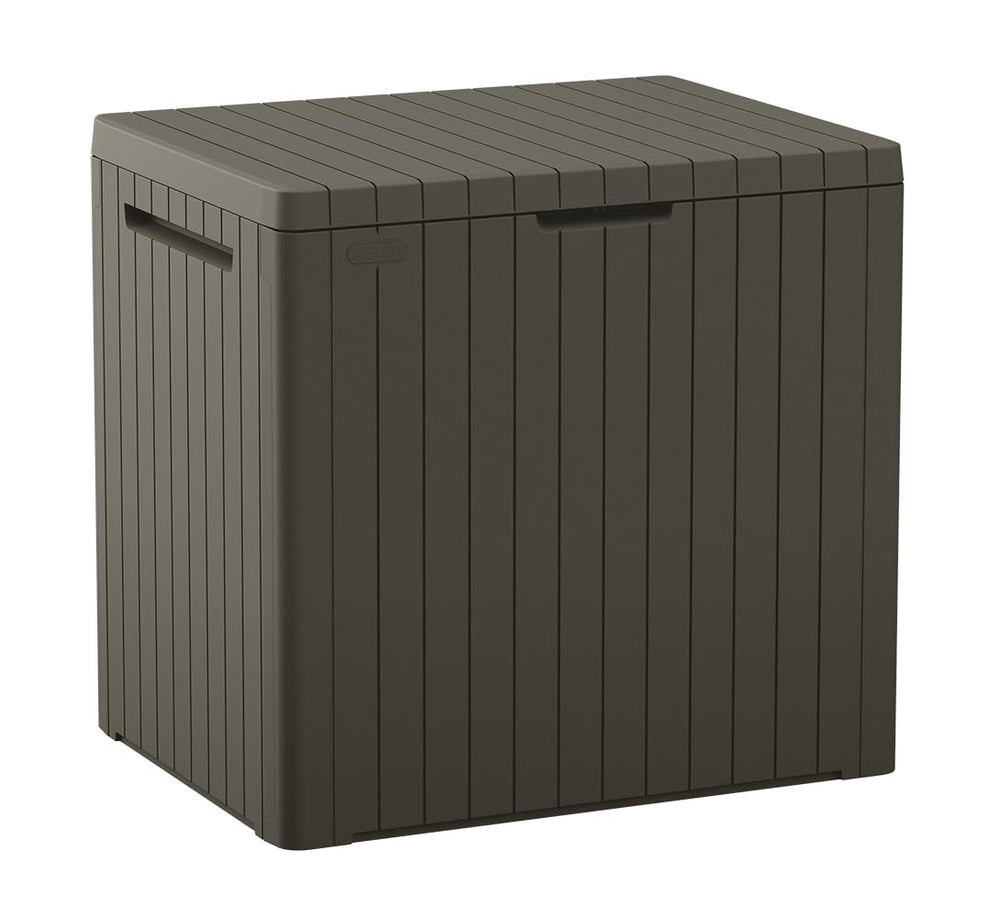 Keter front view of compact outdoor storage box shows tidy patio benefit