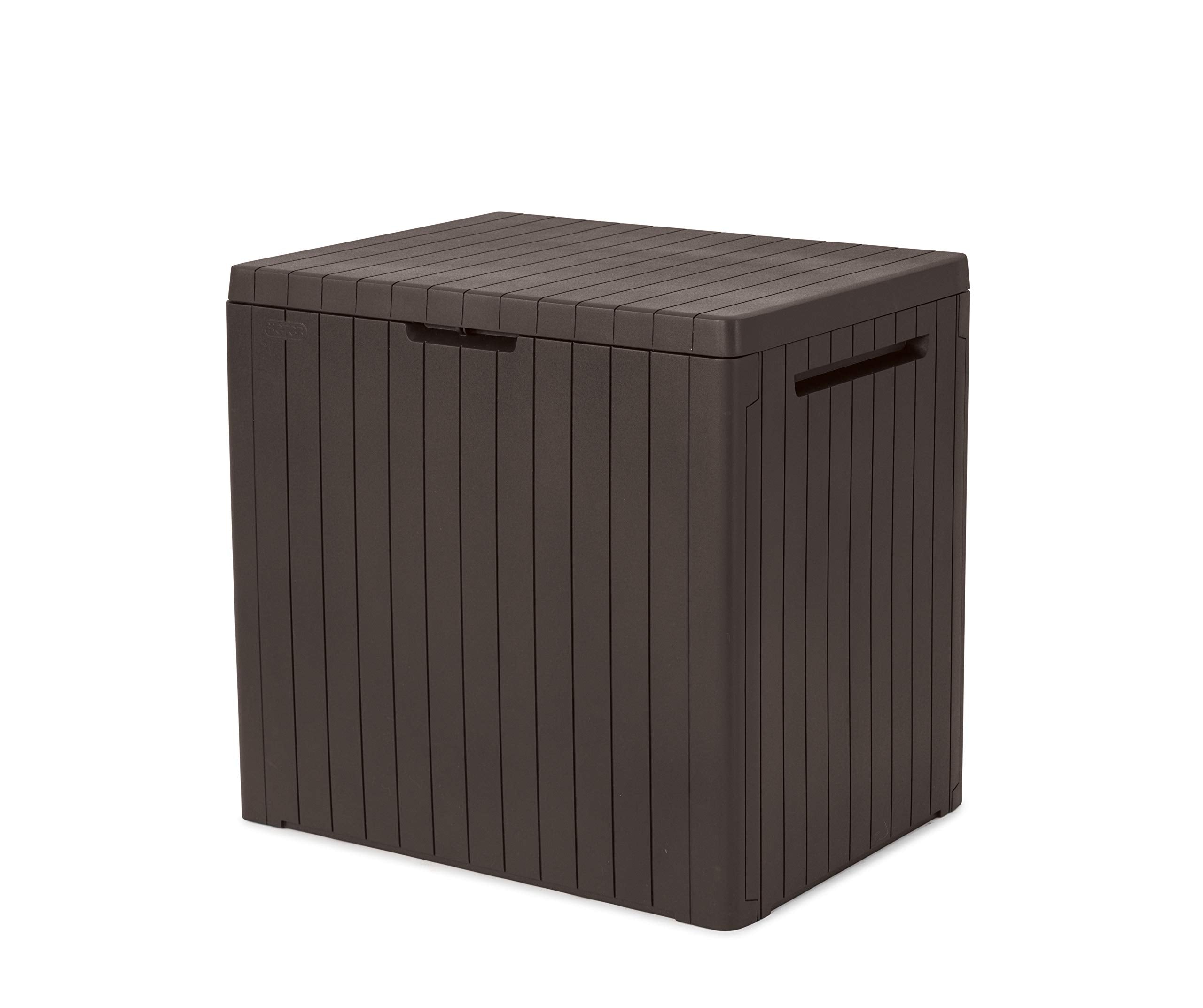 Keter City front view showing brown wood-panelled exterior and compact design for space saving