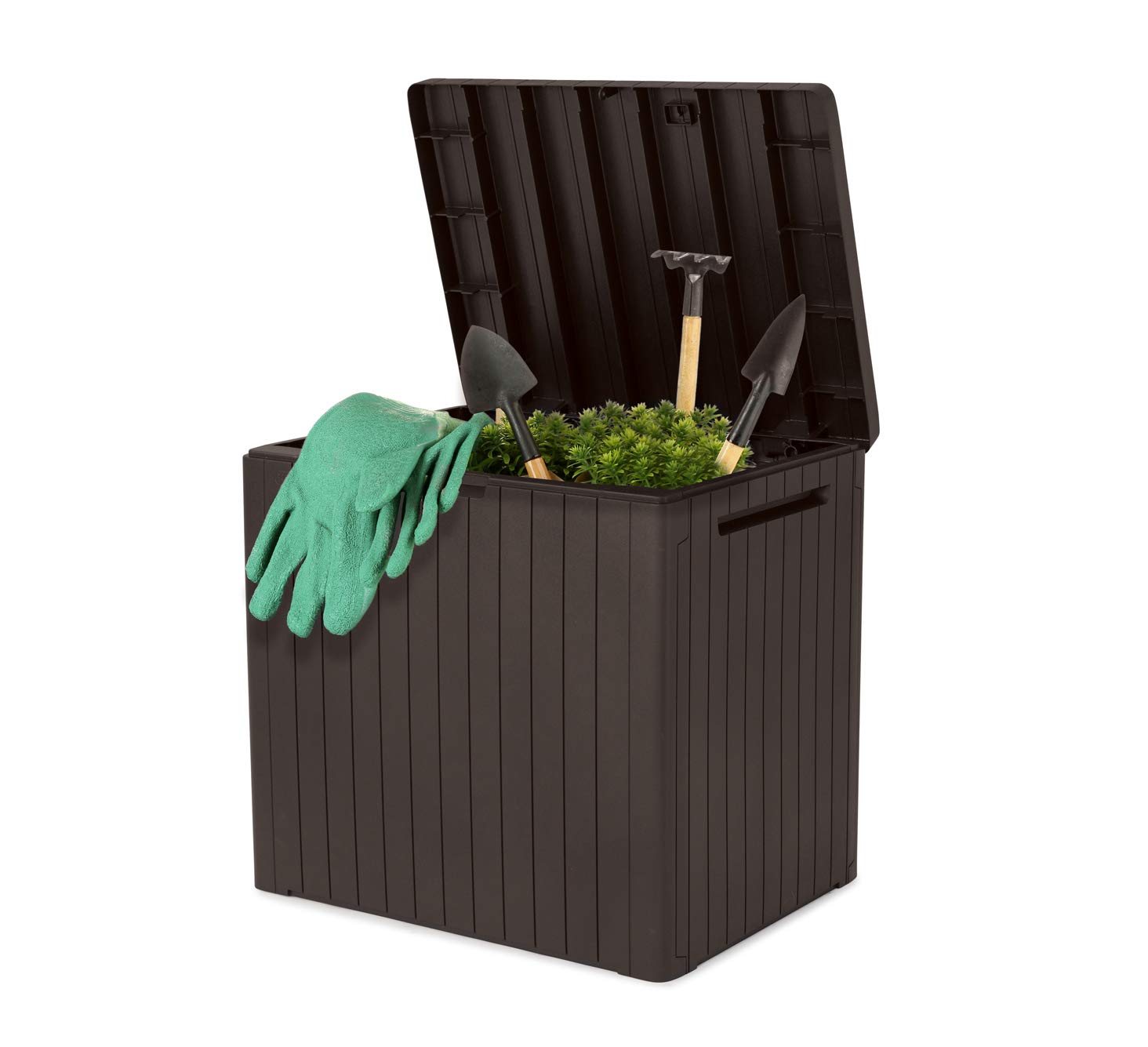 Keter City lid closeup highlighting durable hinge and lock-ready feature for secure storage