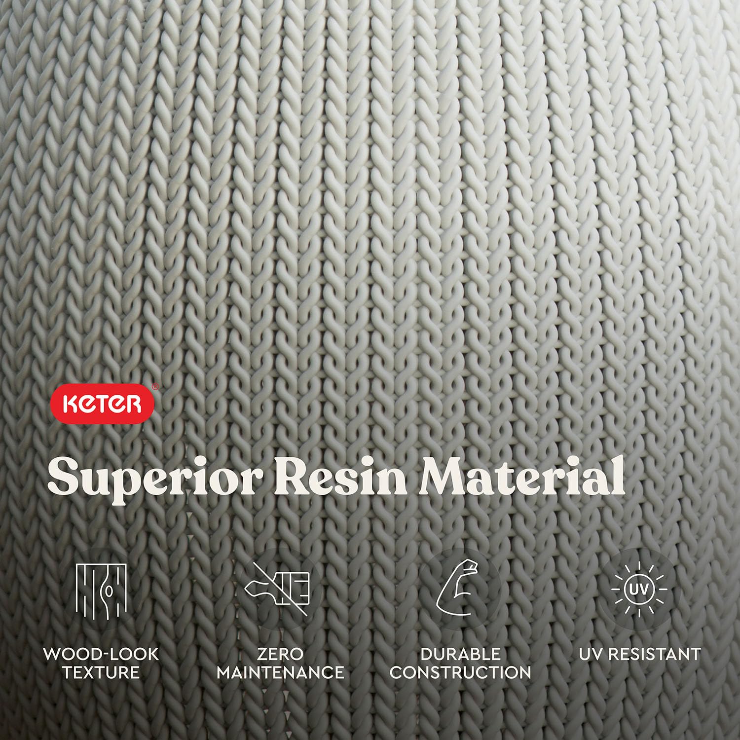 Keter Cozy Urban product label highlighting resin construction benefit