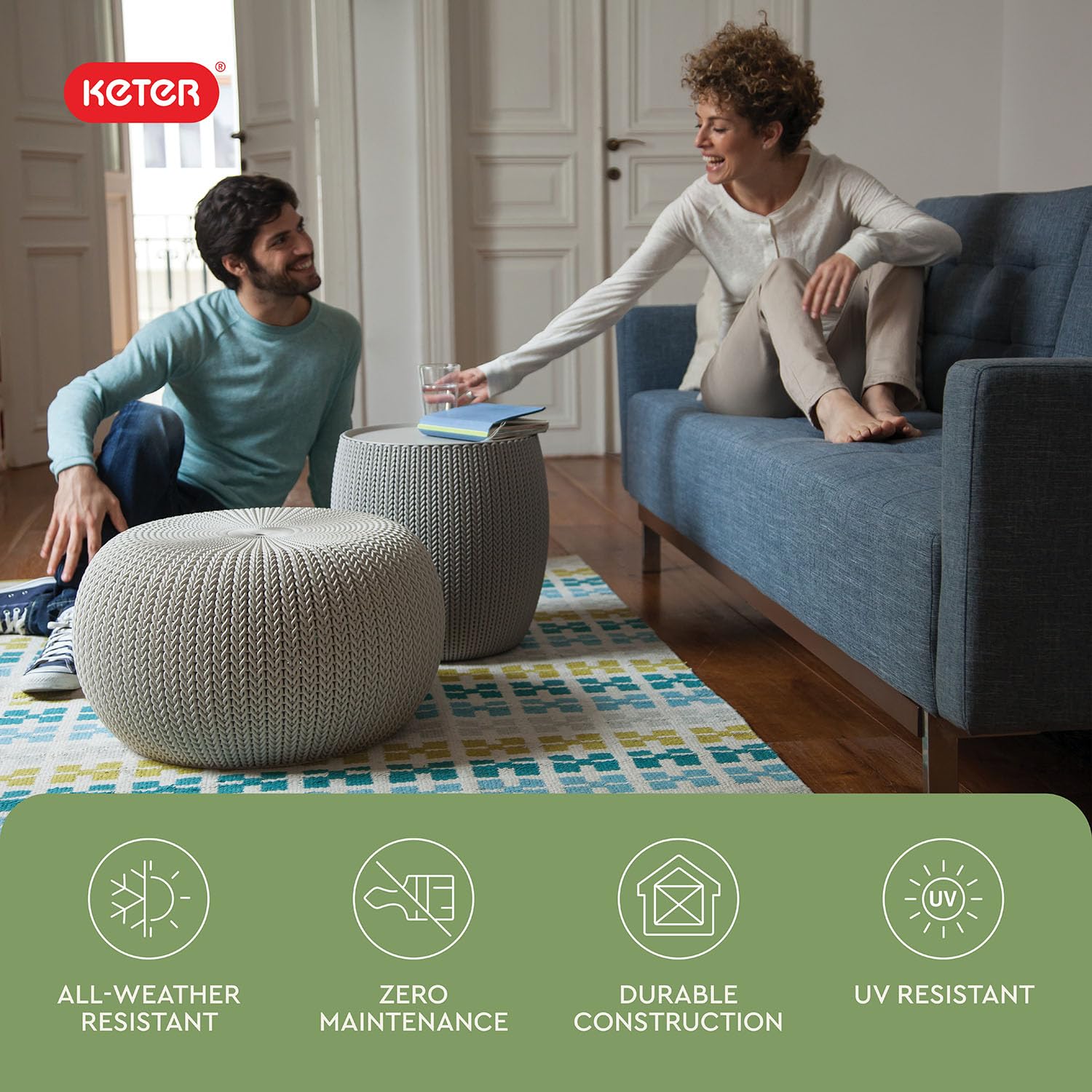 Keter Cozy Urban set staged on balcony showcasing stylish outdoor decor benefit