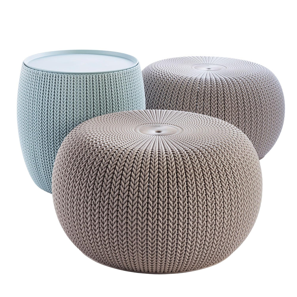 Keter front view showing two poufs and storage table, versatile seating benefit