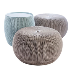 Keter front view showing two poufs and storage table, versatile seating benefit