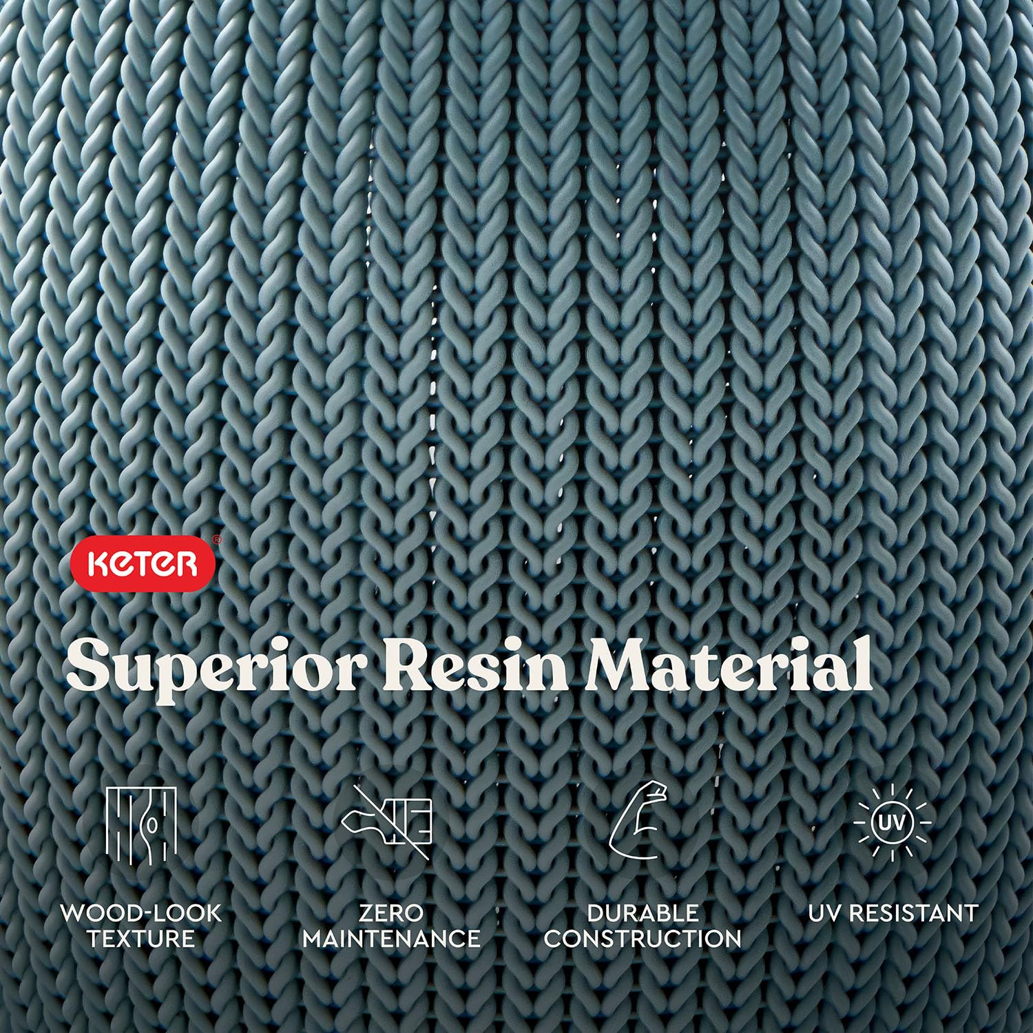 Keter label and braided resin finish detail, weather-resistant quality benefit