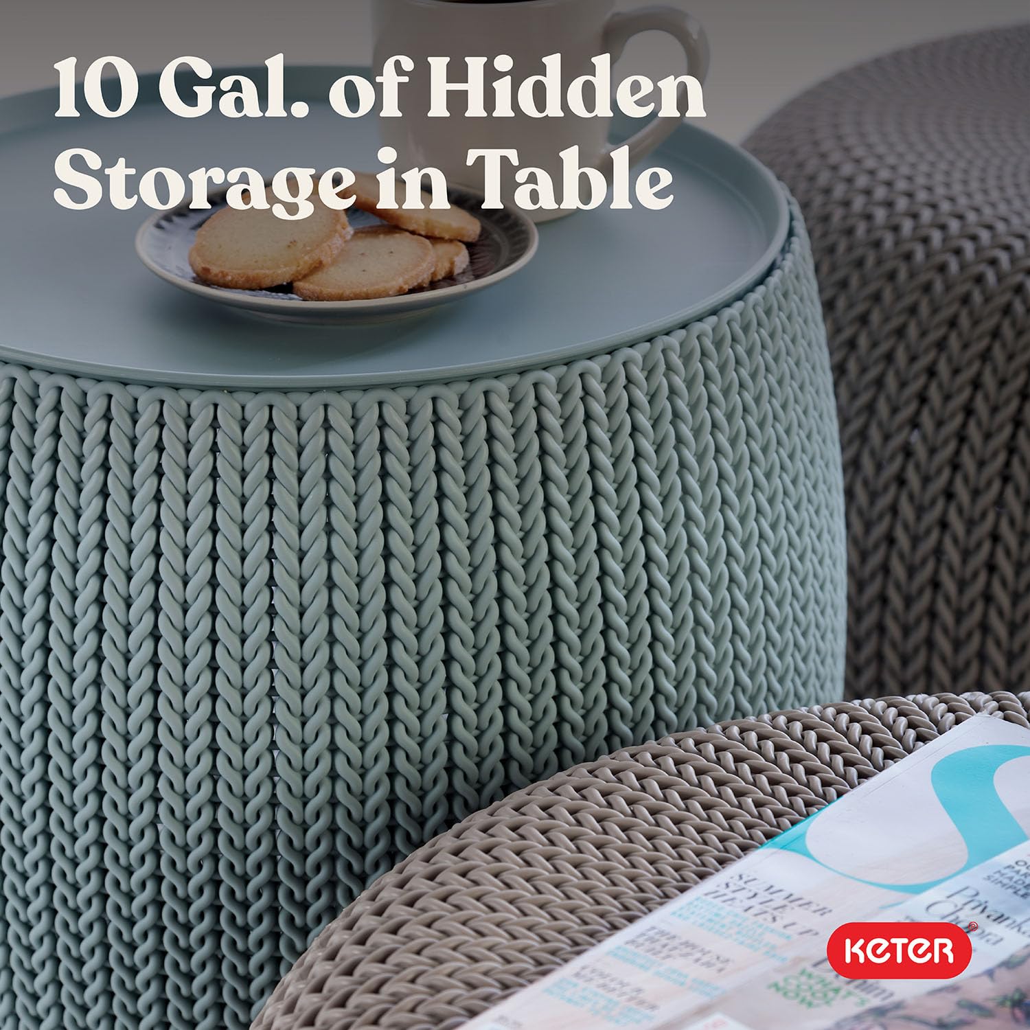 Keter nested configuration with table inside poufs, space-saving benefit