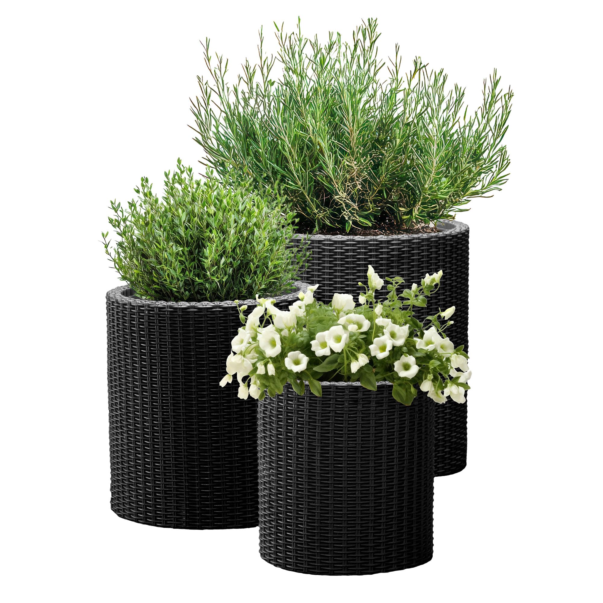 Keter cylinder front view showing sleek black rattan-look and clean silhouette