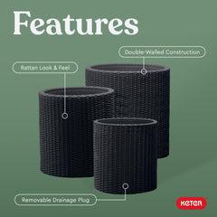Keter inner-bowl with drainage plug detail for controlled watering and easy maintenance