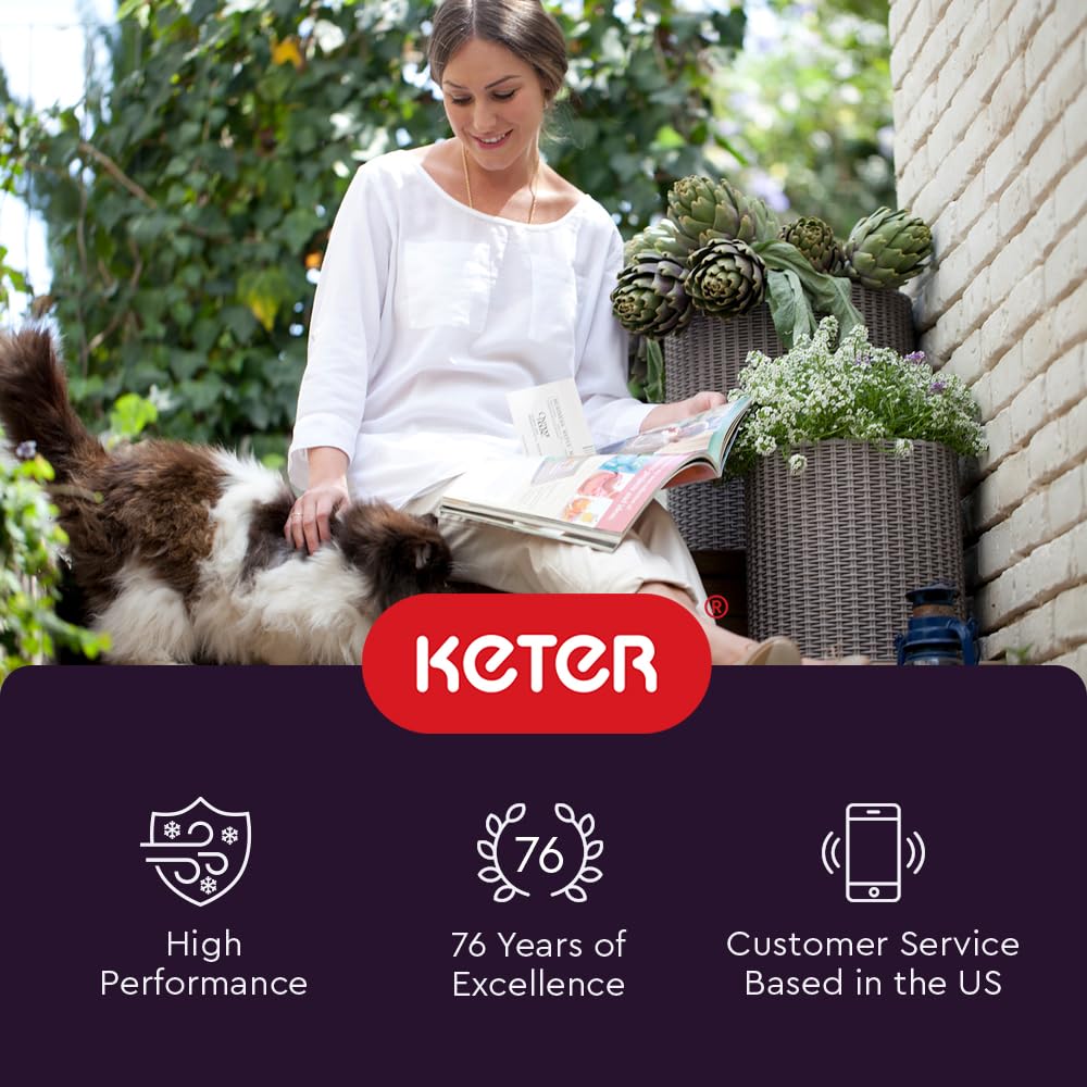 Keter size comparison with hand showing lightweight, easy-to-move planters