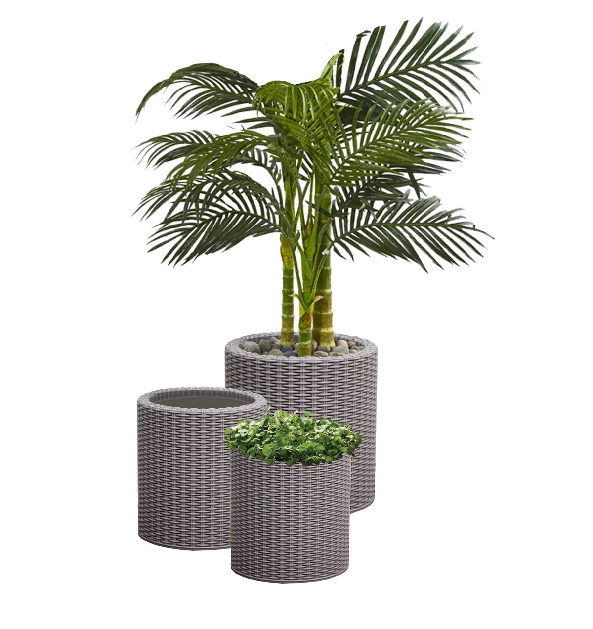 Keter cylinder three-pack front view showing taupe rattan look and decorative appeal