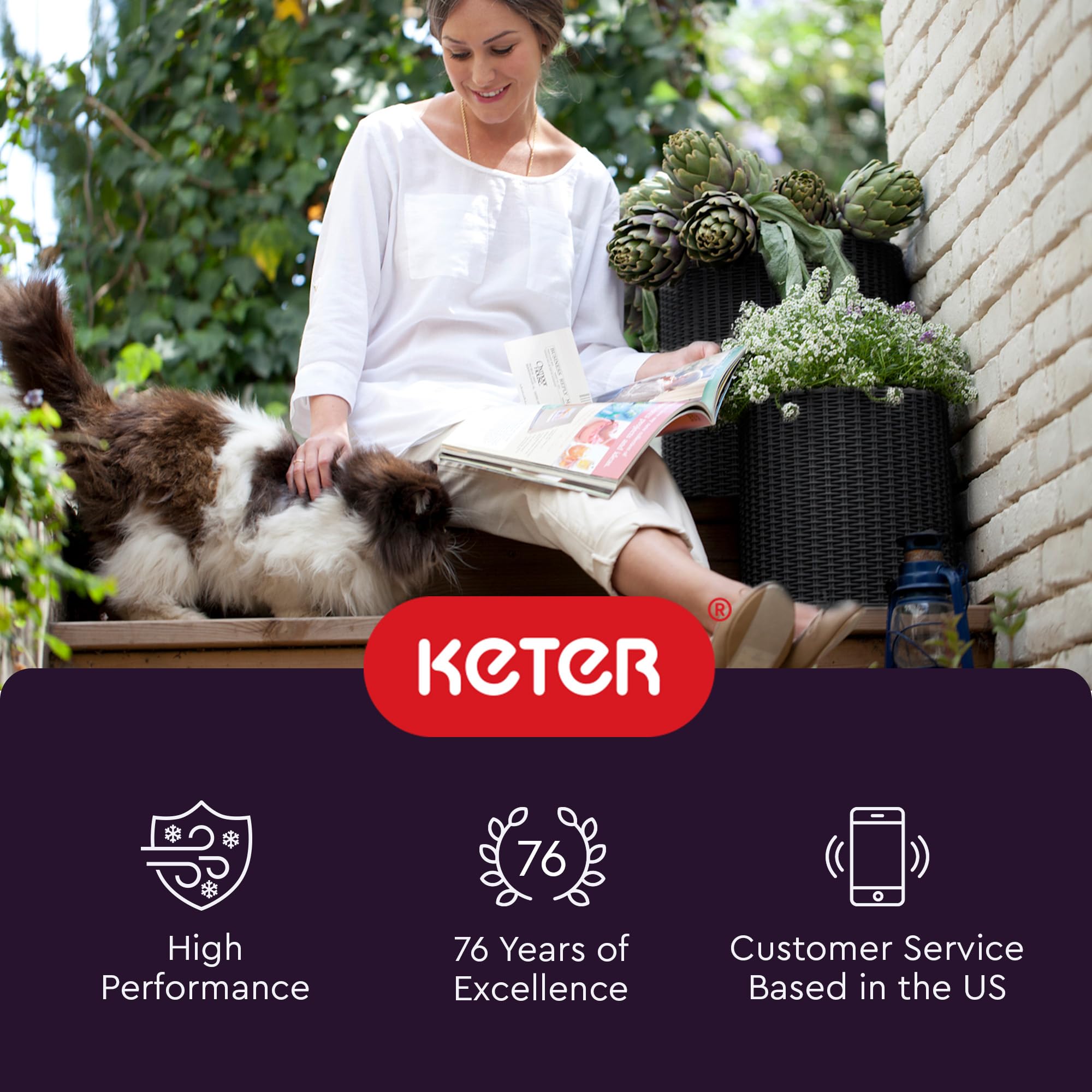 Keter three planters staged on patio demonstrating weatherproof outdoor styling