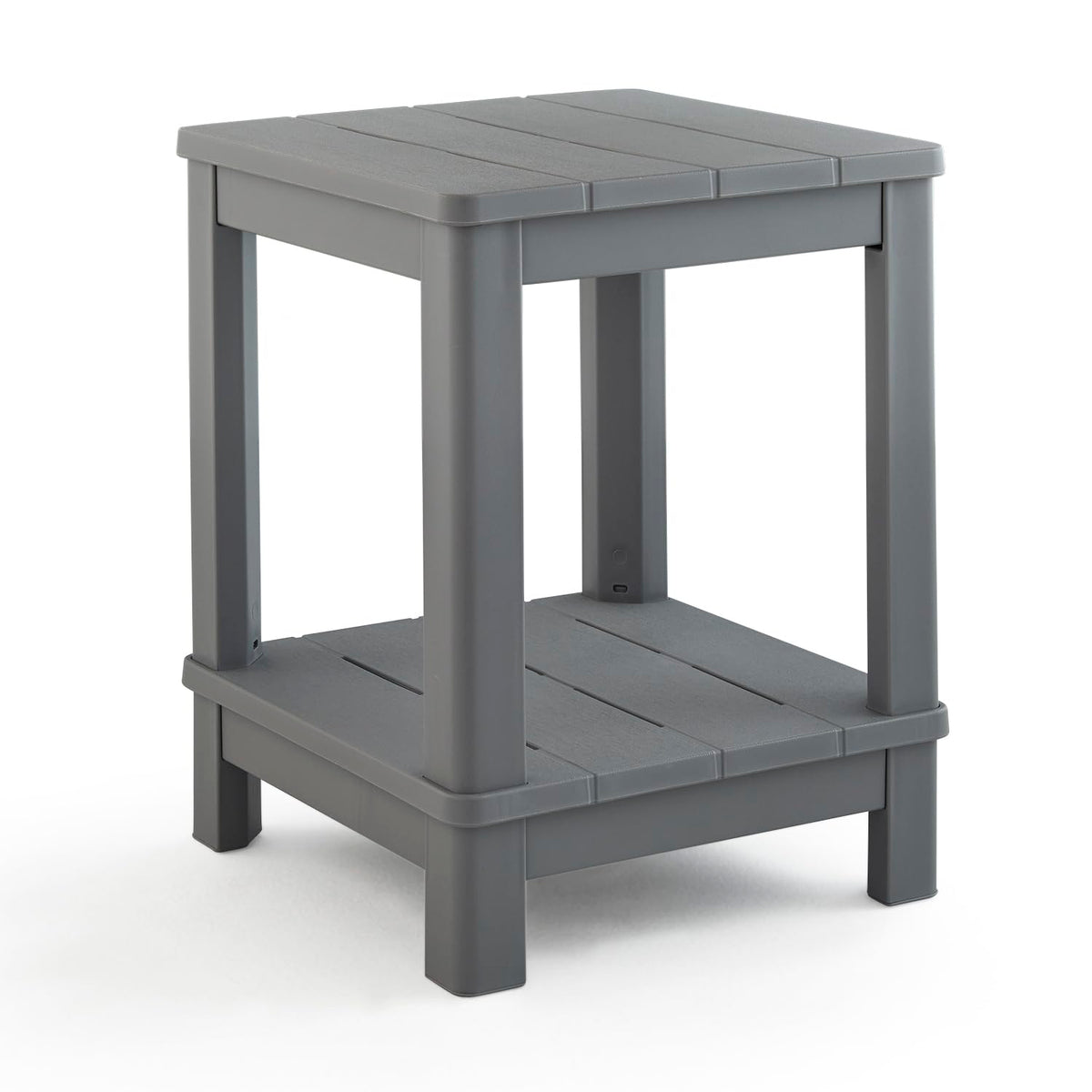 Keter side table front view showing gray resin top and storage benefit