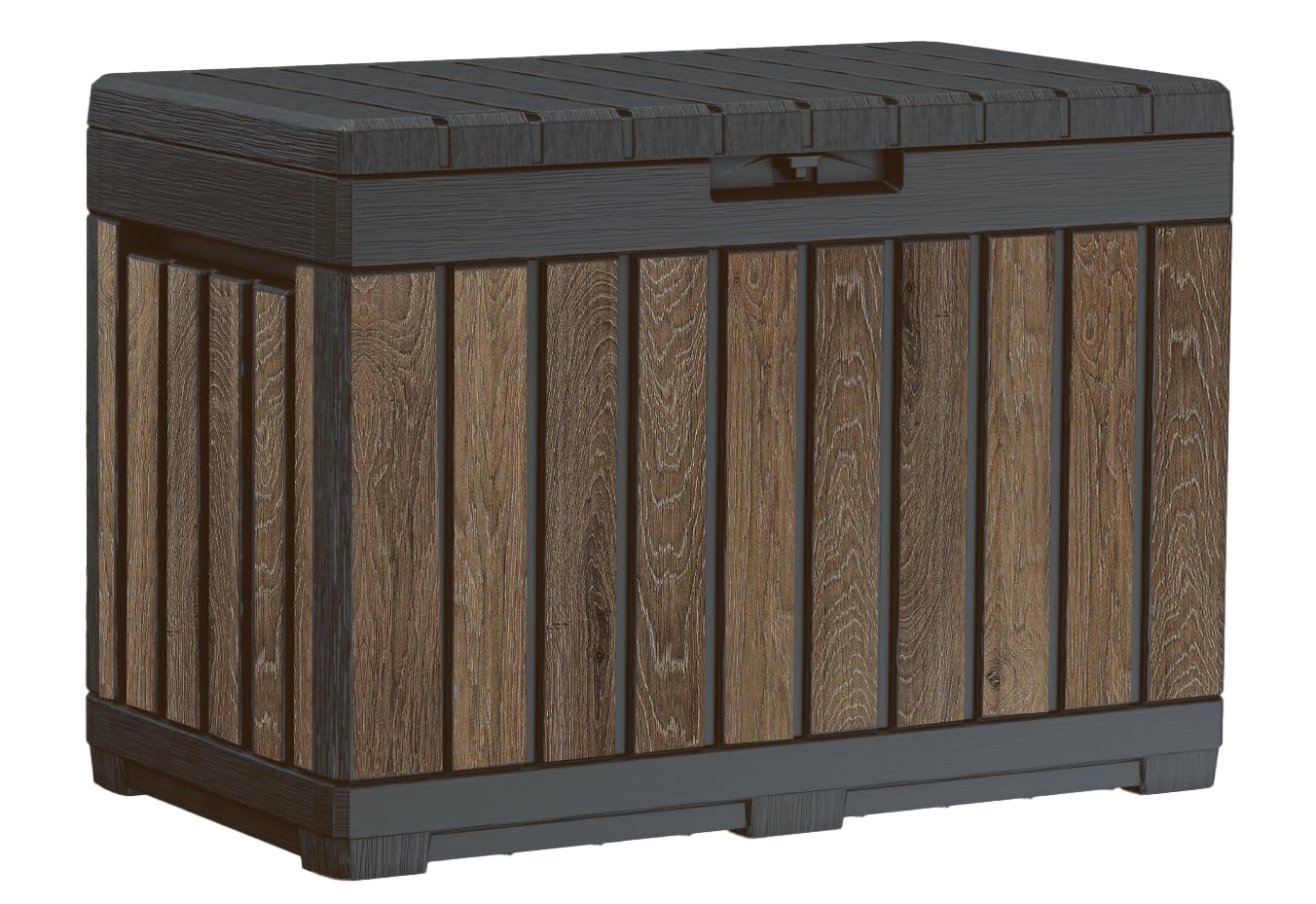 Keter Everwood front view showing wood-look finish and compact storage benefit